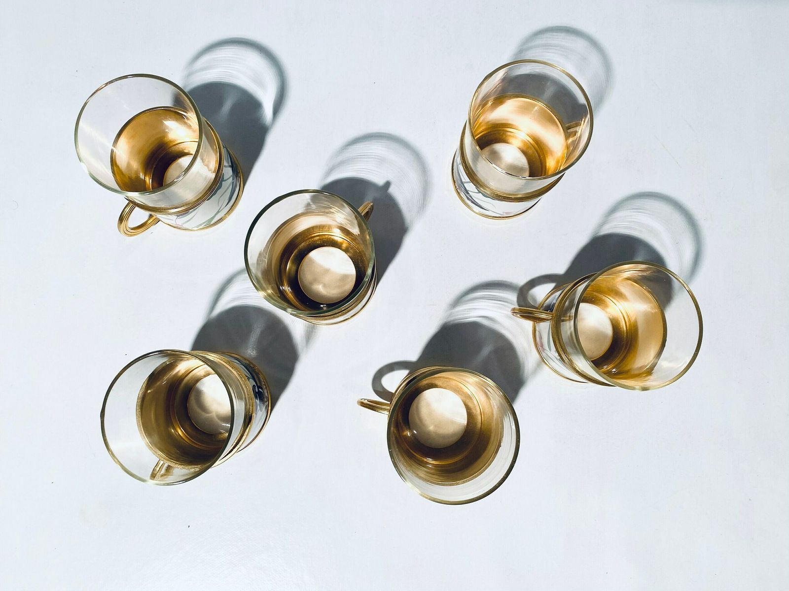 photo for sale The Turnwald Collection Six Tea Set Glasses With Duck Motif & 24 Carat Gold Plated Holder / Vintage Decor