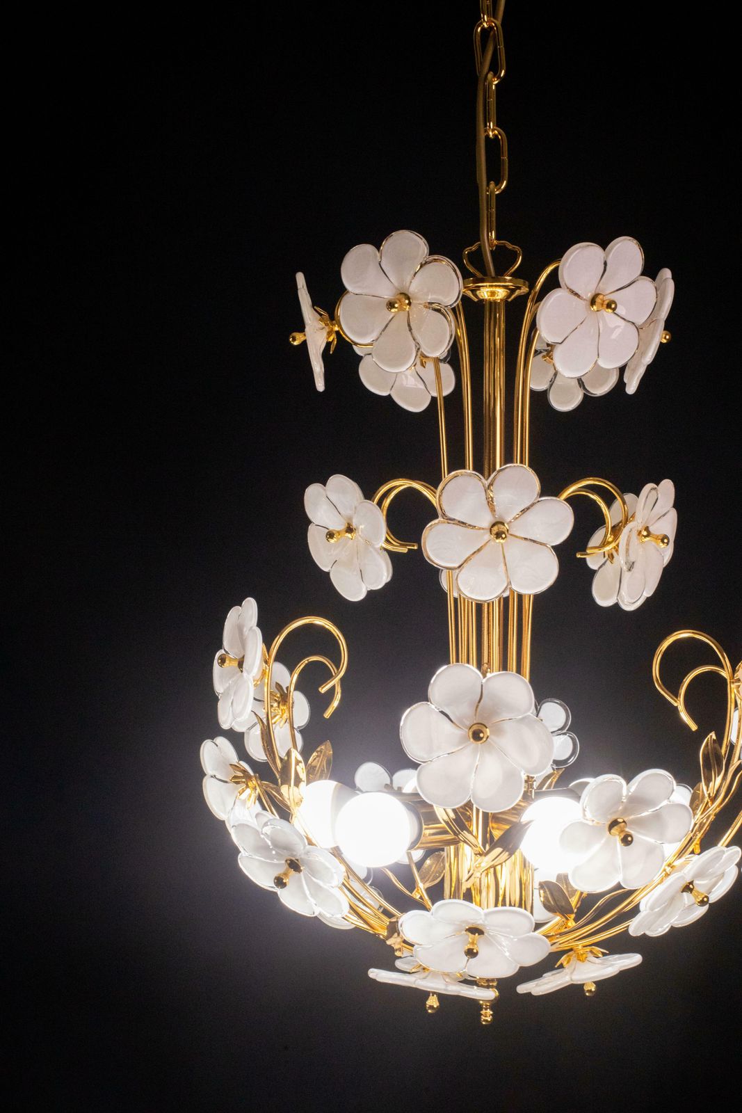 photo for sale Spectacular Murano Chandelier Full Of White Flowers, New Bath Gold, 1980s