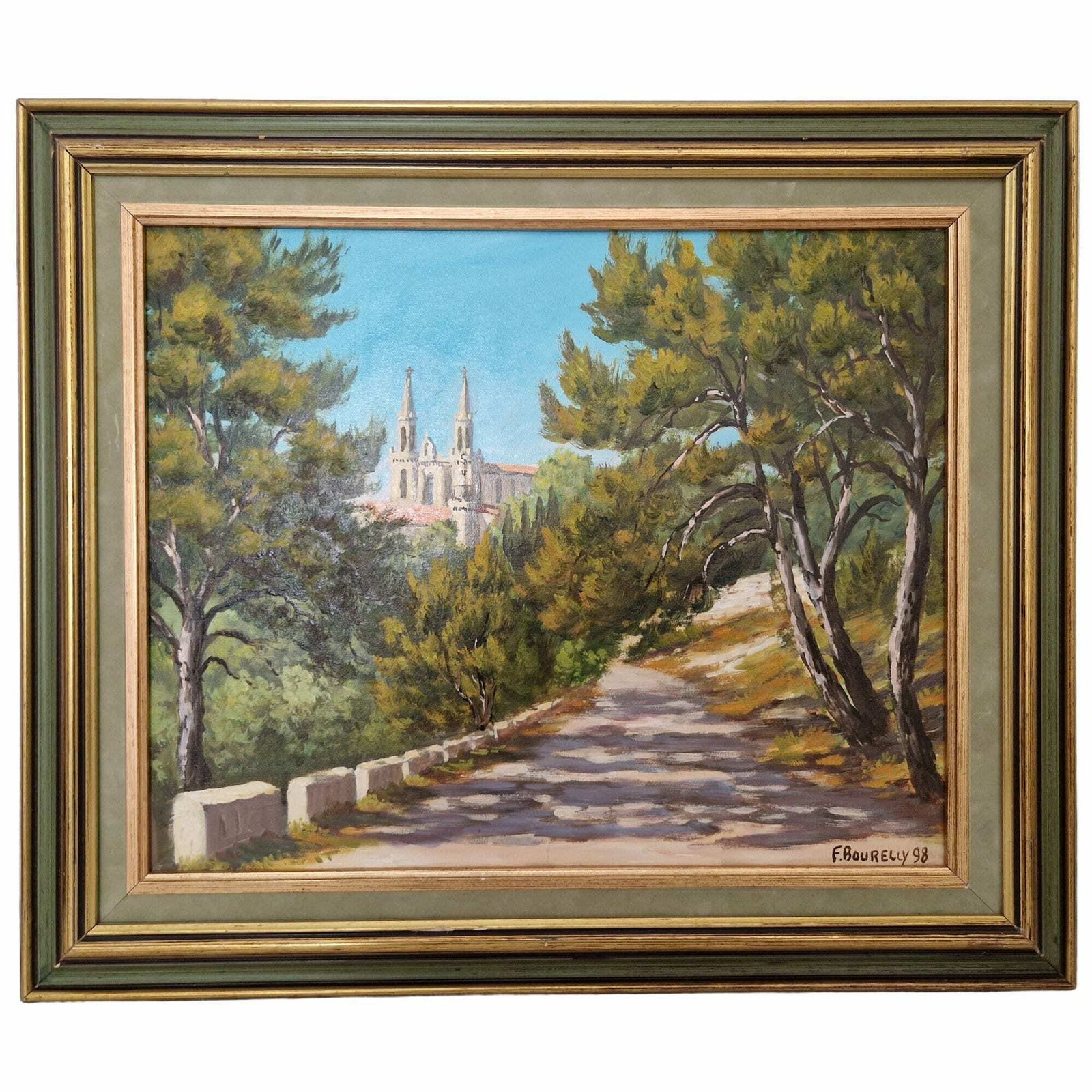 French Country Church Spire And Forest Path Painting, Framed Vintage Gallery Wall Art Of Saint Vincent De Paul In Marseille, Provence