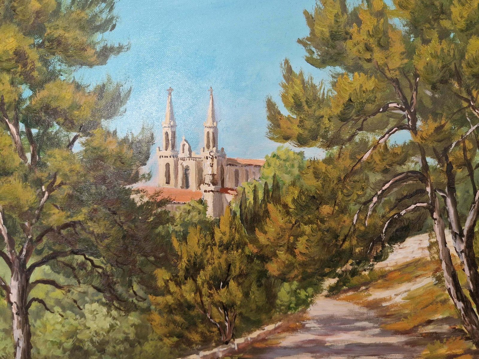 French Country Church Spire And Forest Path Painting, Framed Vintage Gallery Wall Art Of Saint Vincent De Paul In Marseille, Provence photo 195.0