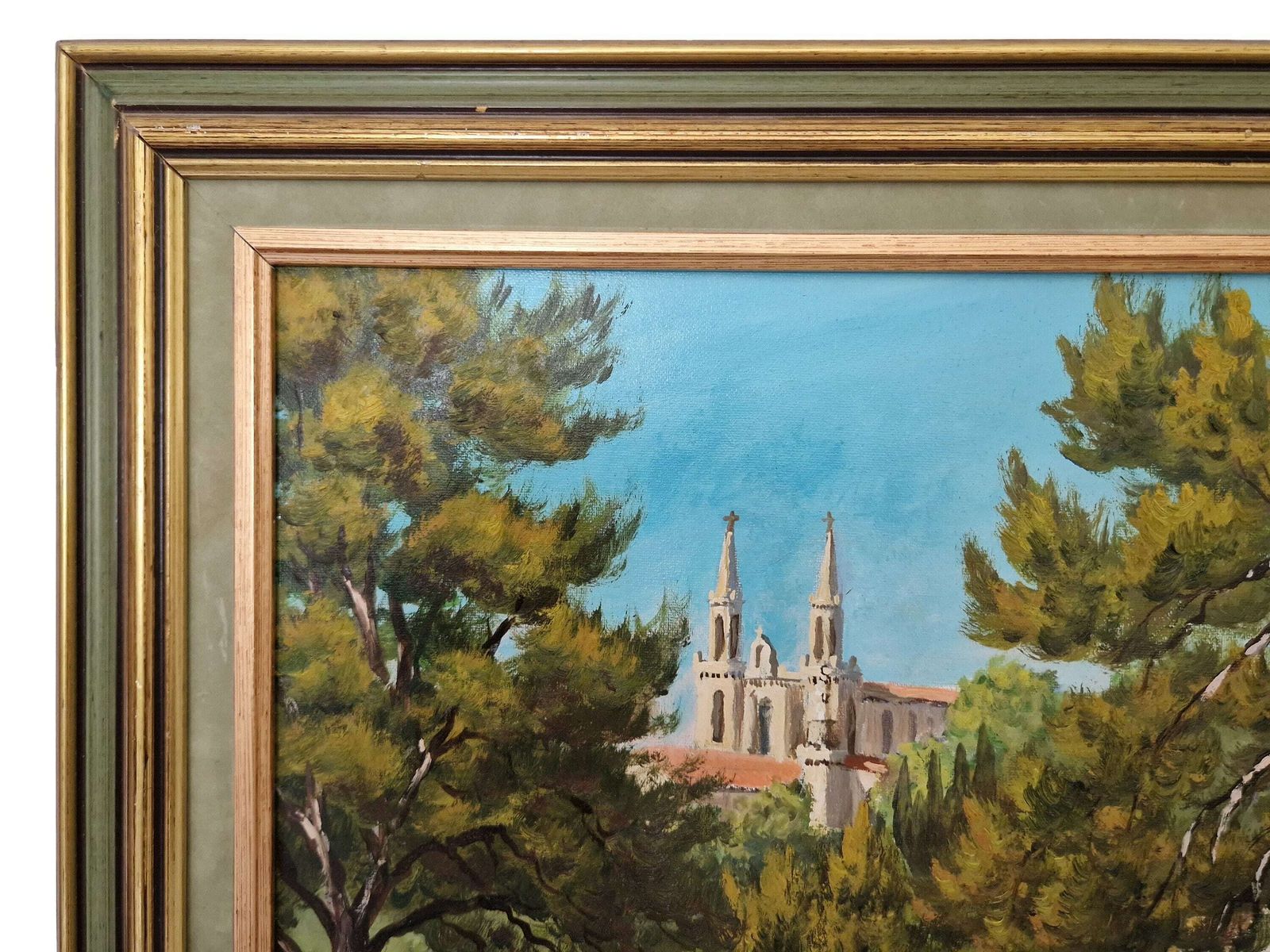 French Country Church Spire And Forest Path Painting, Framed Vintage Gallery Wall Art Of Saint Vincent De Paul In Marseille, Provence photo vinterior