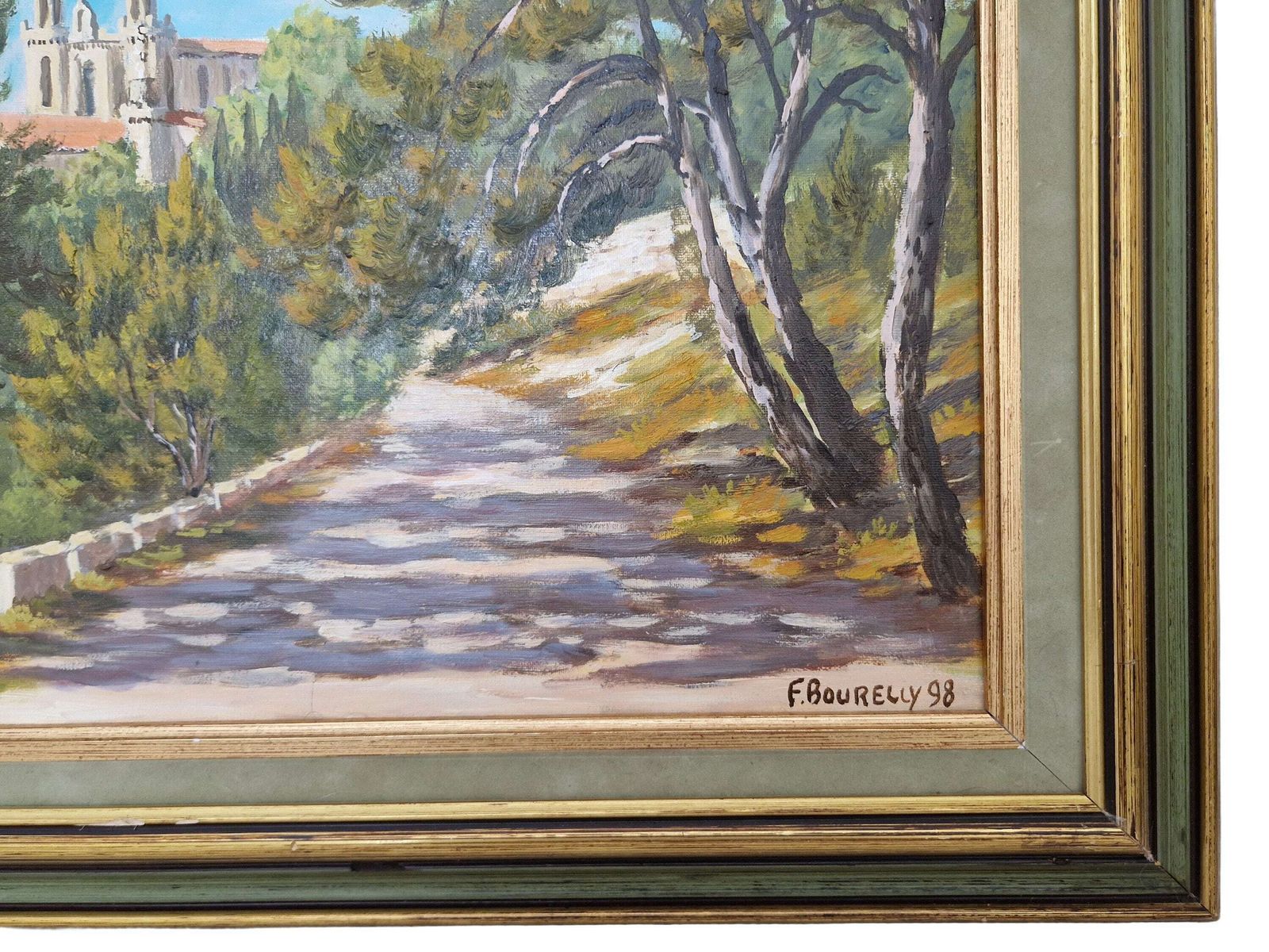 photo furniture French Country Church Spire And Forest Path Painting, Framed Vintage Gallery Wall Art Of Saint Vincent De Paul In Marseille, Provence