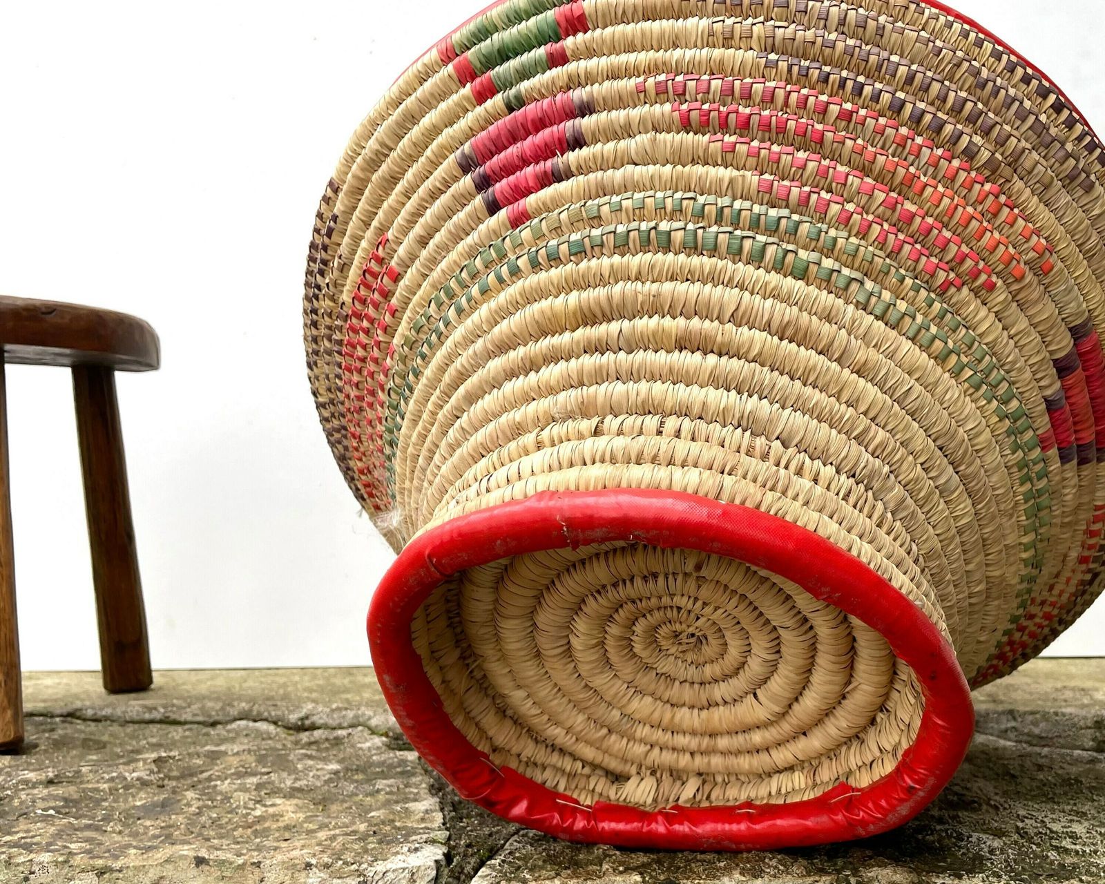 Huge Wicker And Plastic Moroccan Bread Basket, Storage, 1970s / Tbek, Boho Chic, Bohemian, Folk, Morocco photo vinterior