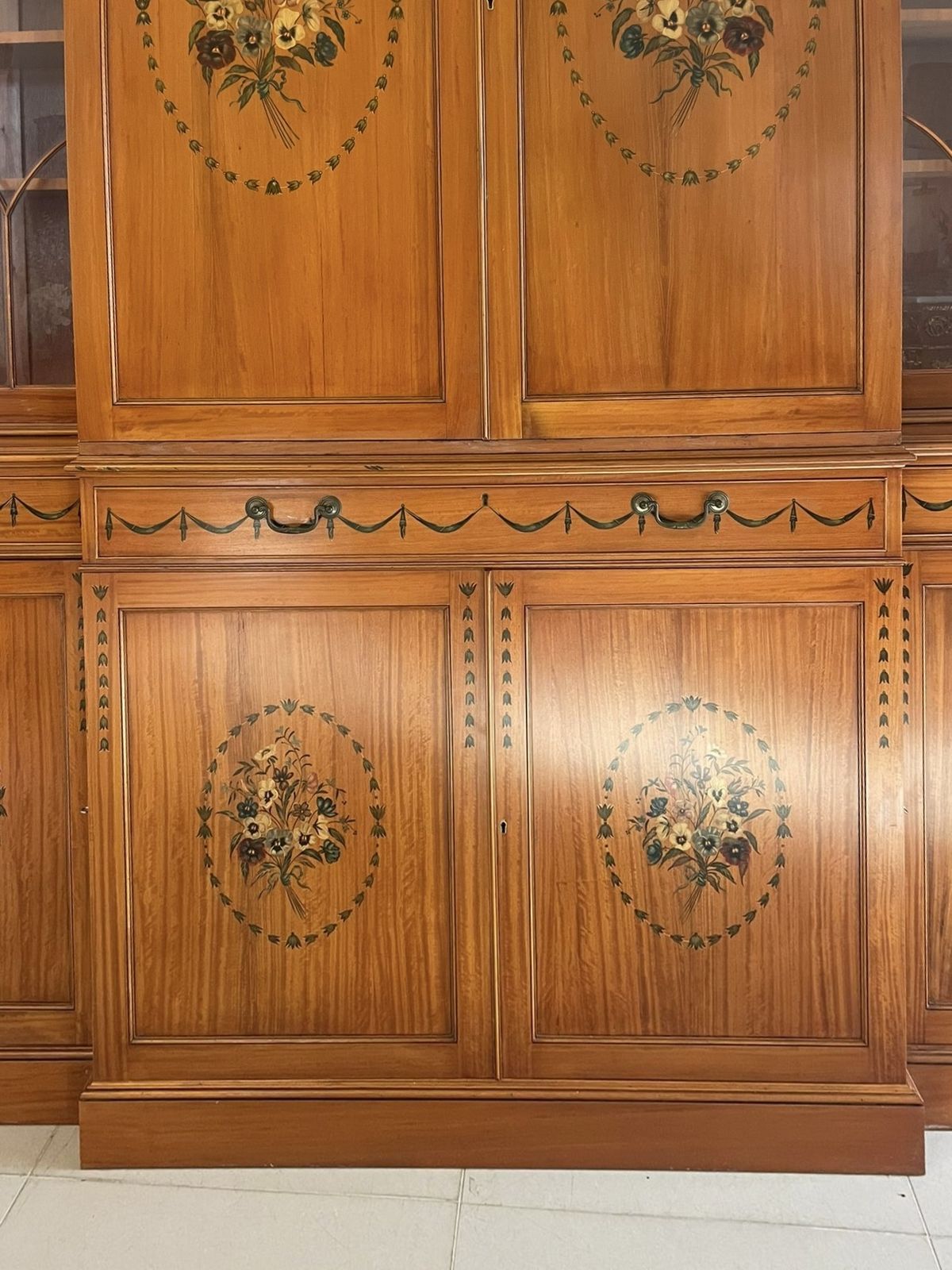 photo for sale Large Quality Satinwood Breakfront Bookcase With Original Painted Decoration