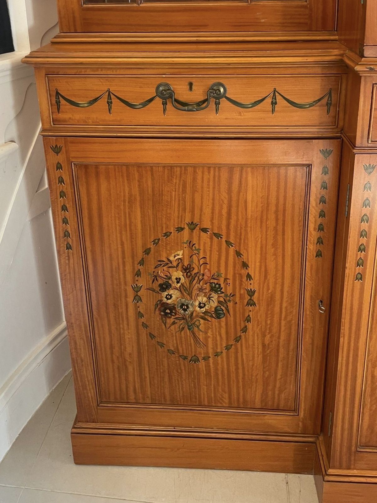 5495.0 Large Quality Satinwood Breakfront Bookcase With Original Painted Decoration photo