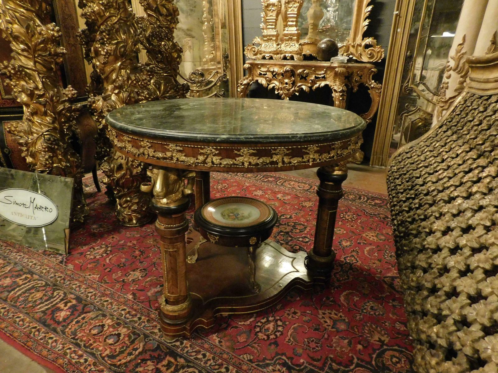Round Table With Pedestal, Chiseled Bronzes, Green Marble Top, 1840 Germany photo for sale