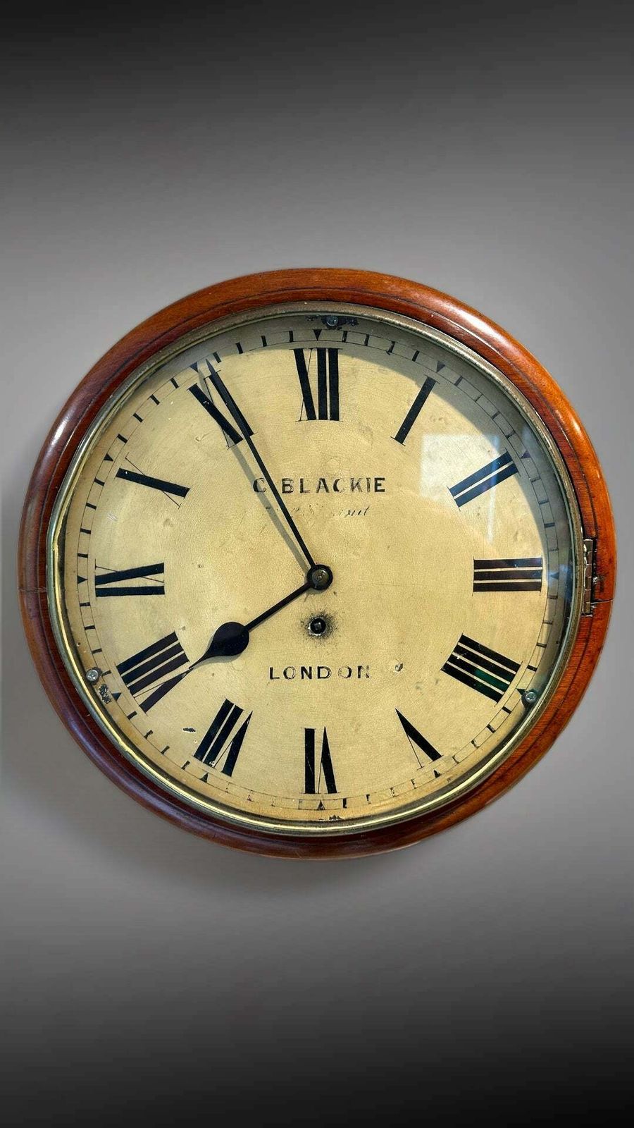 Beautiful Antique English Mahogany Station Clock By Renowned Watchmaker/Clockmaker George Blackie Strand London With 8 Day Fusse Movement Circa 1850