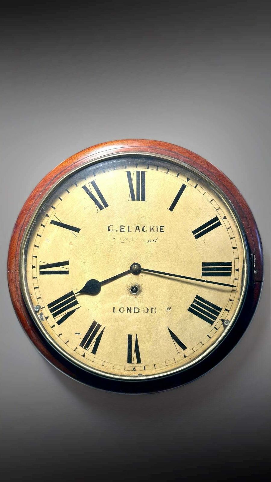 Beautiful Antique English Mahogany Station Clock By Renowned Watchmaker/Clockmaker George Blackie Strand London With 8 Day Fusse Movement Circa 1850 photo 1250.0