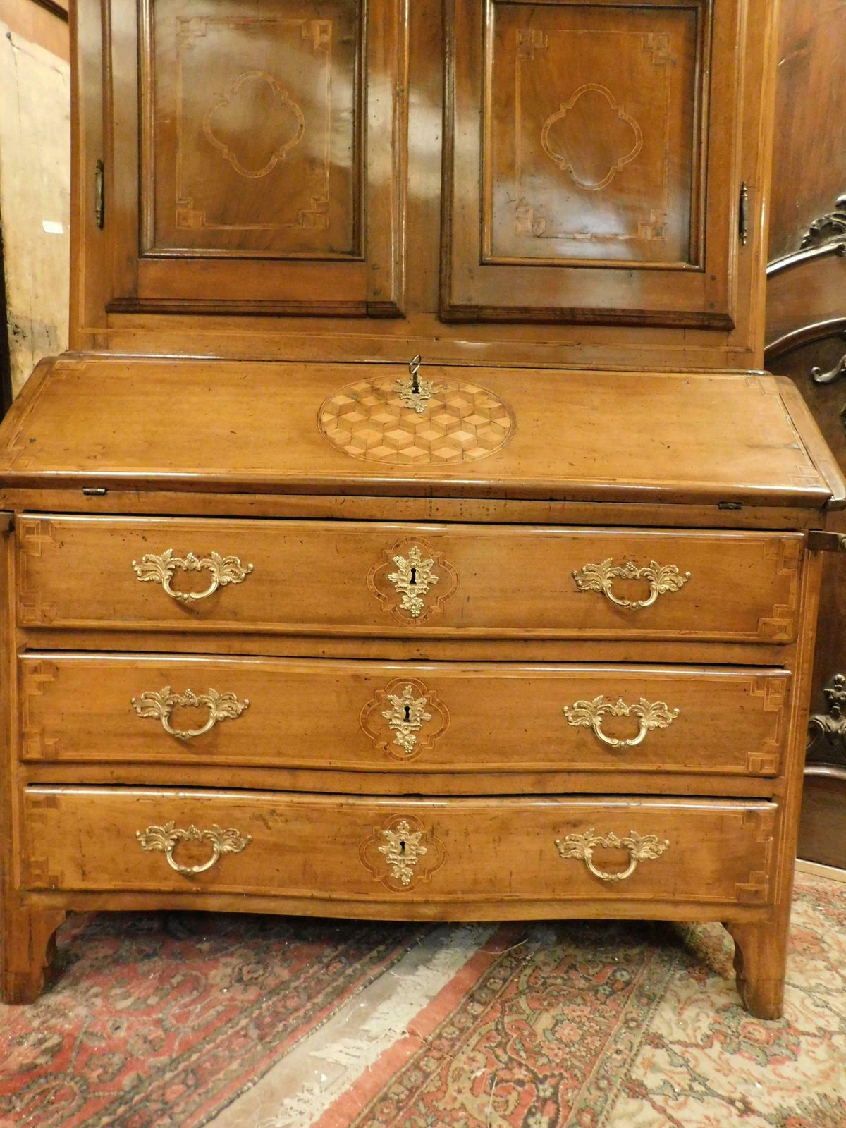 Antique Walnut Trumeau, Richly Inlaid, 2 Doors, Drawers And Flap, Italy photo Furniture