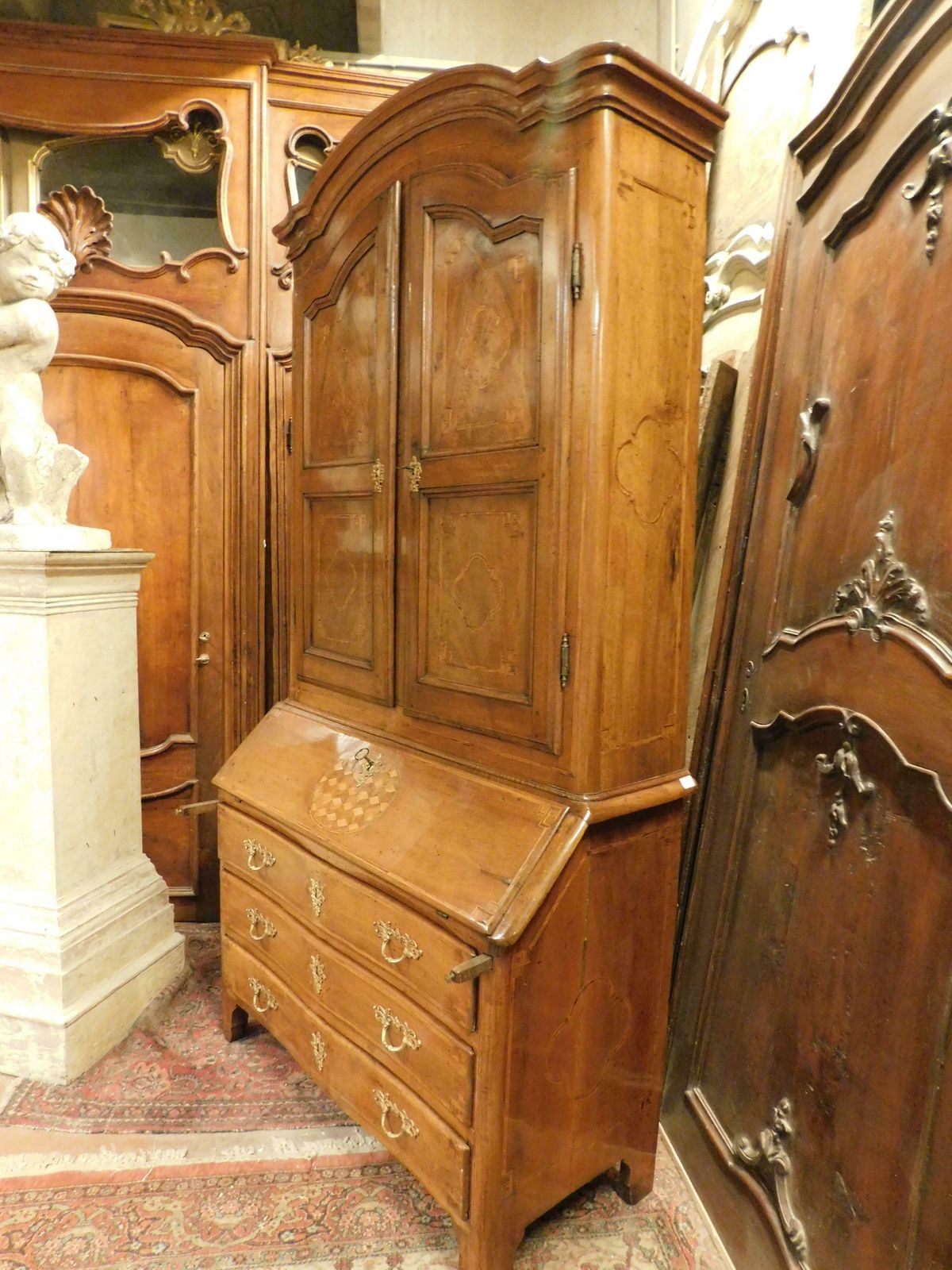 Antique Walnut Trumeau, Richly Inlaid, 2 Doors, Drawers And Flap, Italy photo vintage