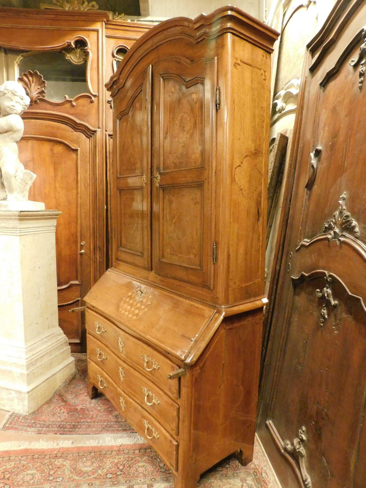 photo furniture Antique Walnut Trumeau, Richly Inlaid, 2 Doors, Drawers And Flap, Italy