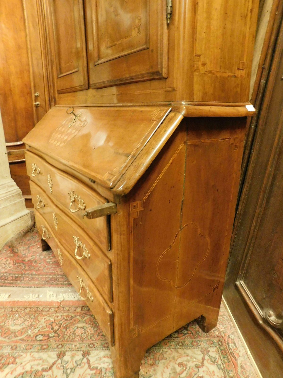 photo for sale Antique Walnut Trumeau, Richly Inlaid, 2 Doors, Drawers And Flap, Italy