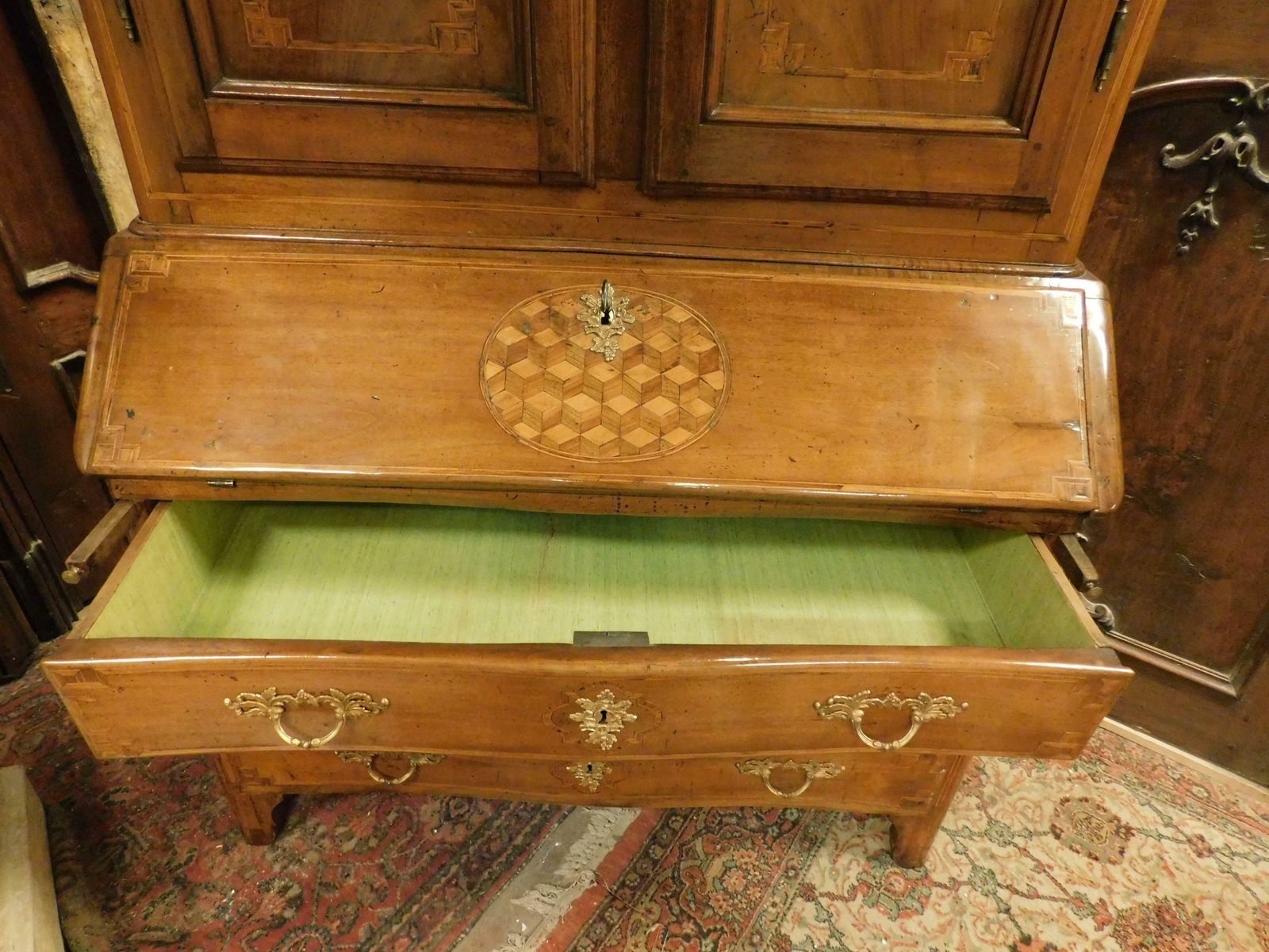 photo buy Antique Walnut Trumeau, Richly Inlaid, 2 Doors, Drawers And Flap, Italy