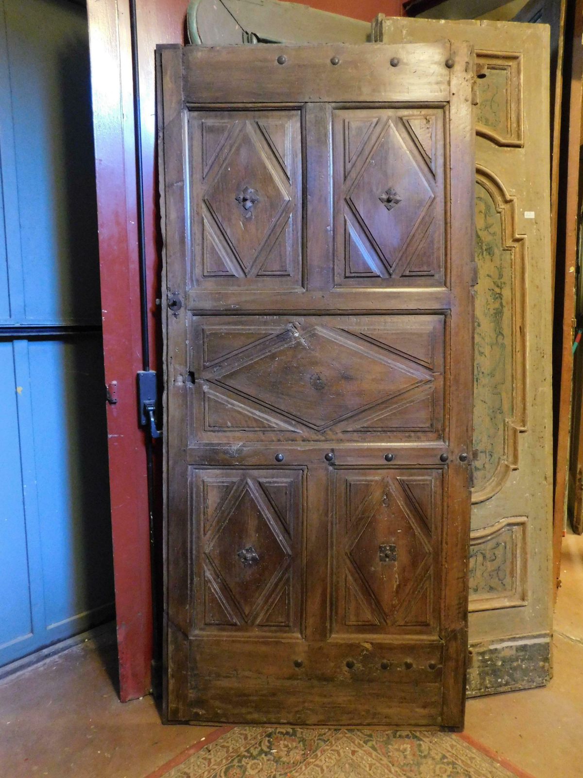 Interior Wooden Door With Diamond Shaped Carved Panels, Italy photo for sale
