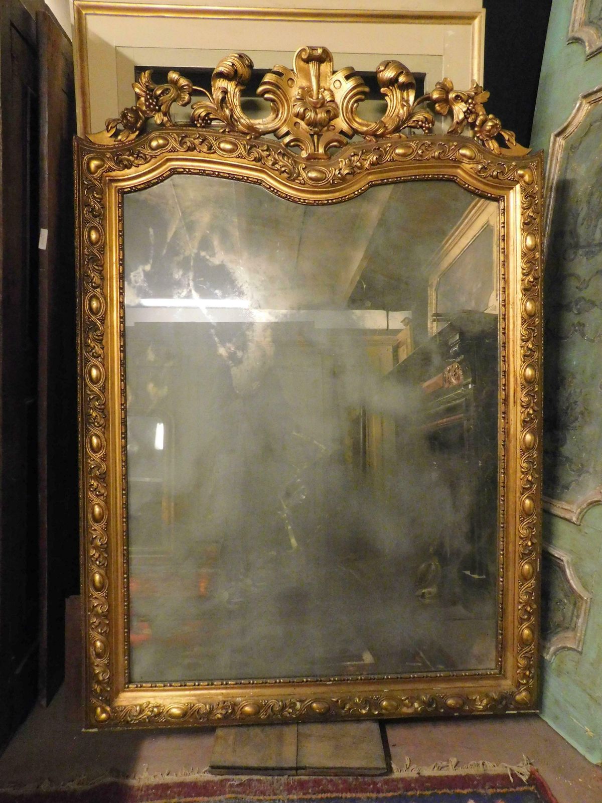 Gilt Wooden Wall Consolle Mirror With Carved Cymatium, Italy photo vintage