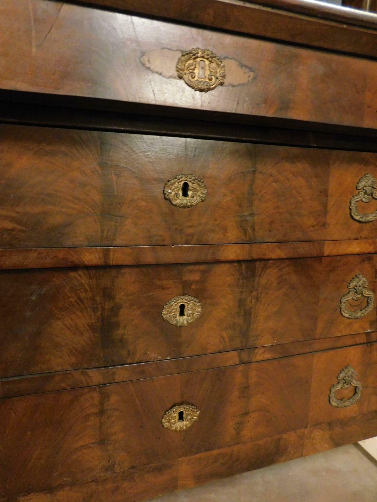 Console Mirror And Chest Of Drawers, Walnut Wood Veneered, Gilded Bronze, Italy photo for sale