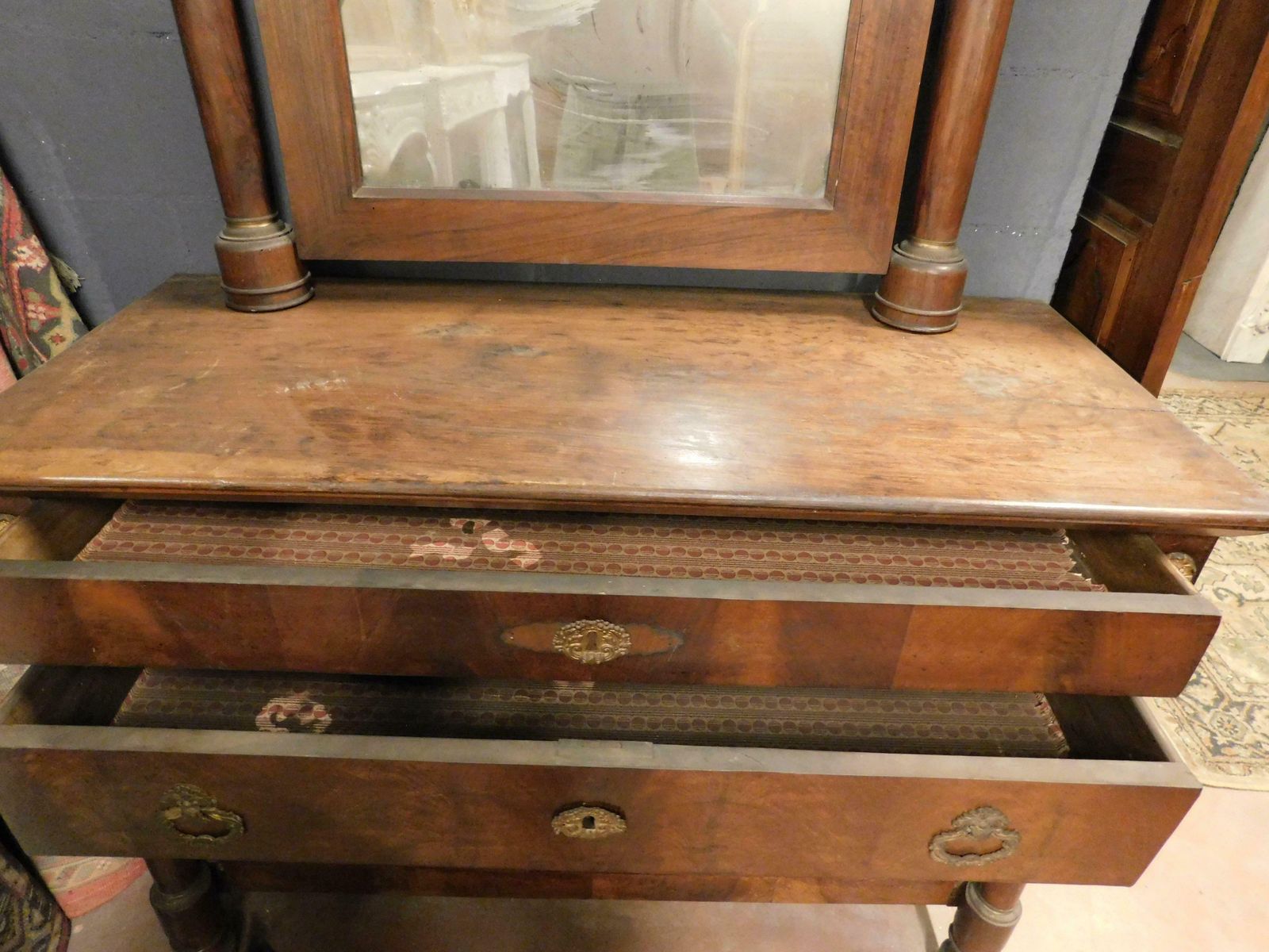Console Mirror And Chest Of Drawers, Walnut Wood Veneered, Gilded Bronze, Italy photo 2634.0