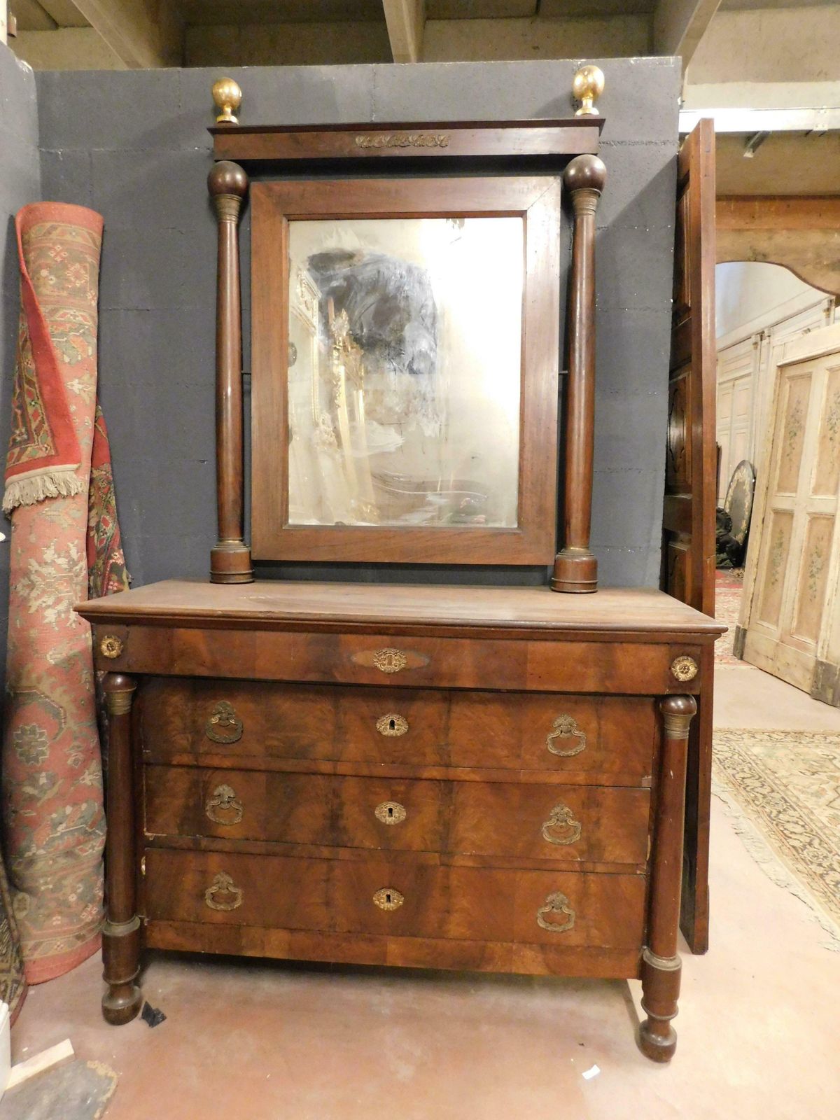 Console Mirror And Chest Of Drawers, Walnut Wood Veneered, Gilded Bronze, Italy photo vintage