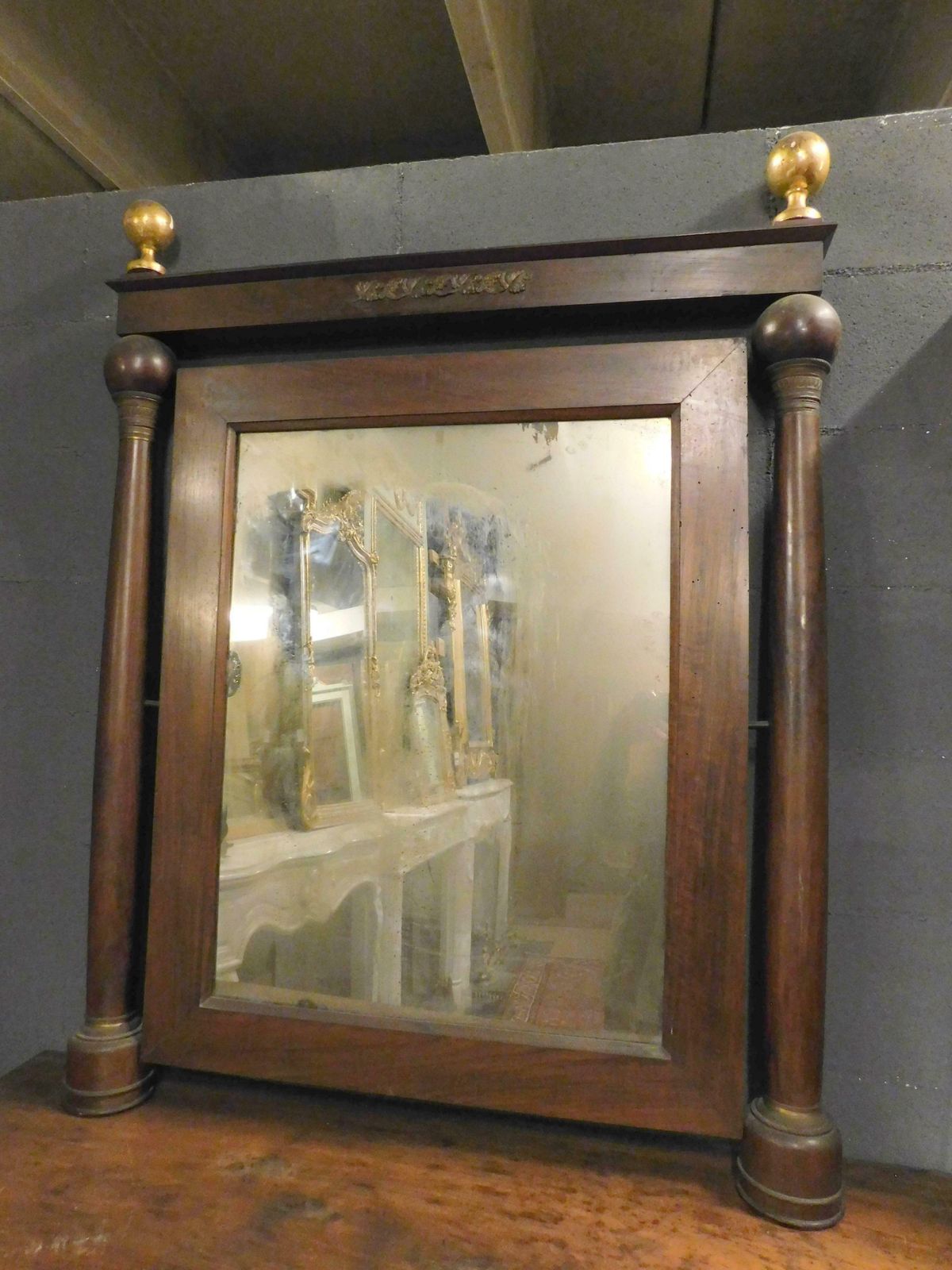 Furniture Console Mirror And Chest Of Drawers, Walnut Wood Veneered, Gilded Bronze, Italy photo