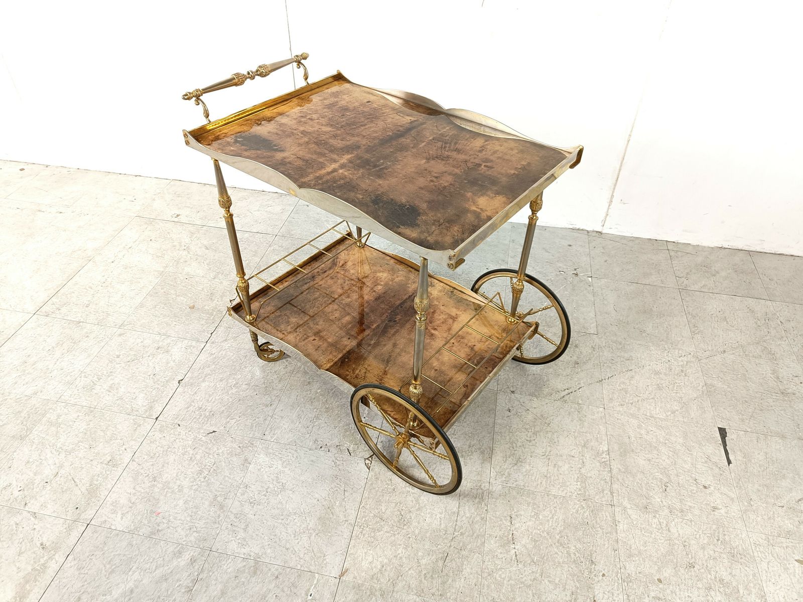 Italian Lacquered Goatskin / Parchment Serving Bar Cart By Aldo Tura, 1960s photo for sale