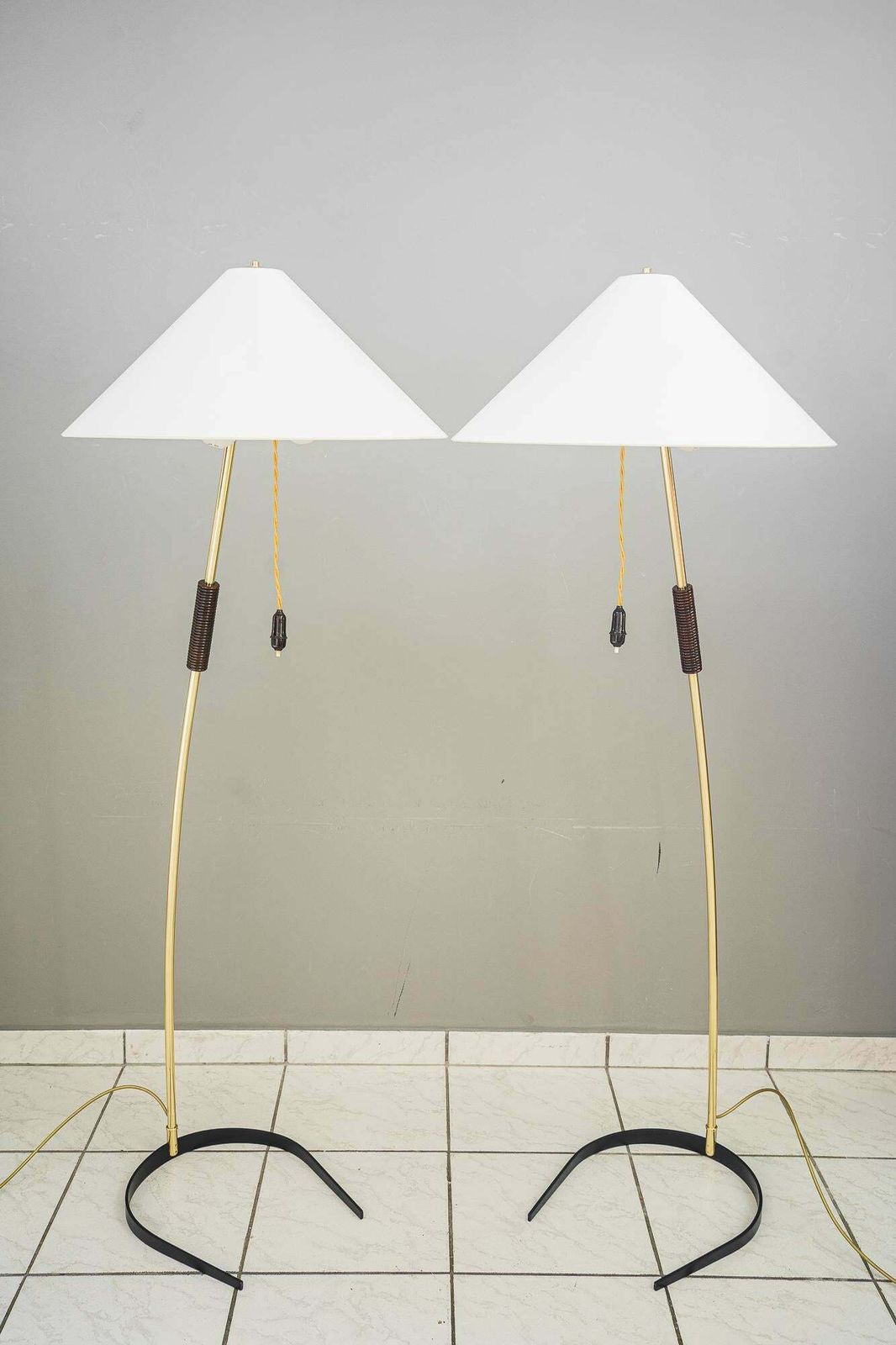 2x Rupert Nikoll Floor Lamps With Wood Handle, Circa 1950s photo 4039.0