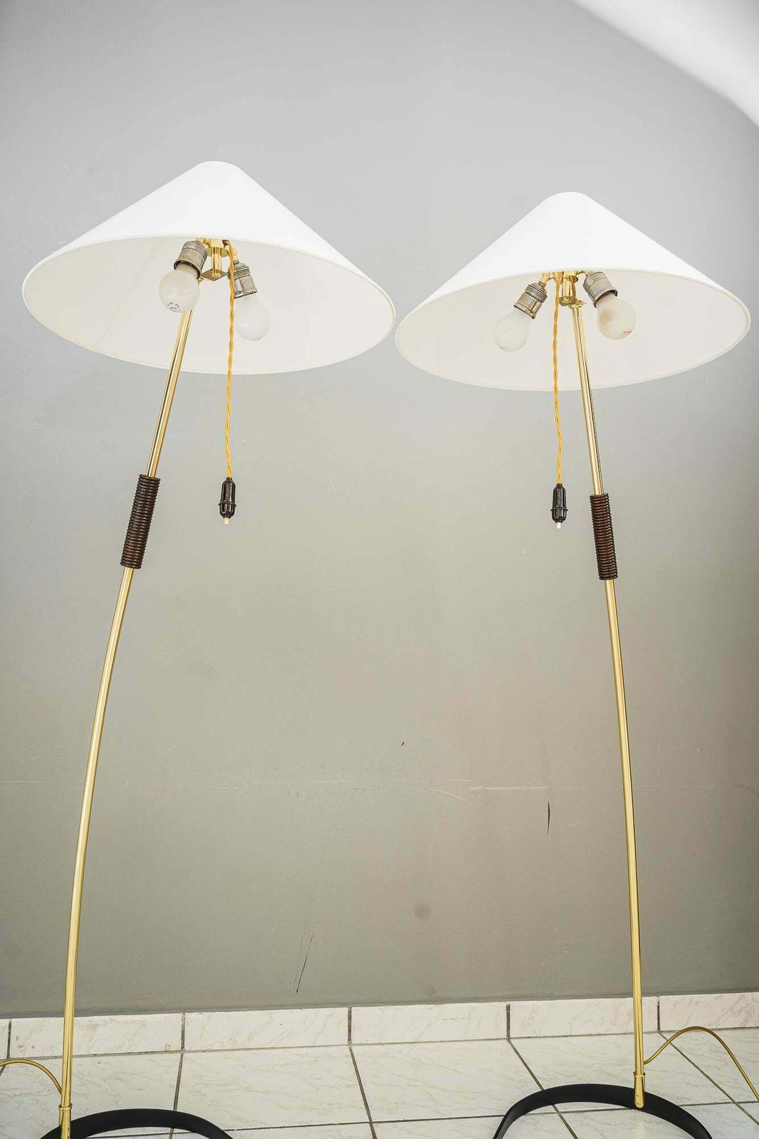 2x Rupert Nikoll Floor Lamps With Wood Handle, Circa 1950s photo buy