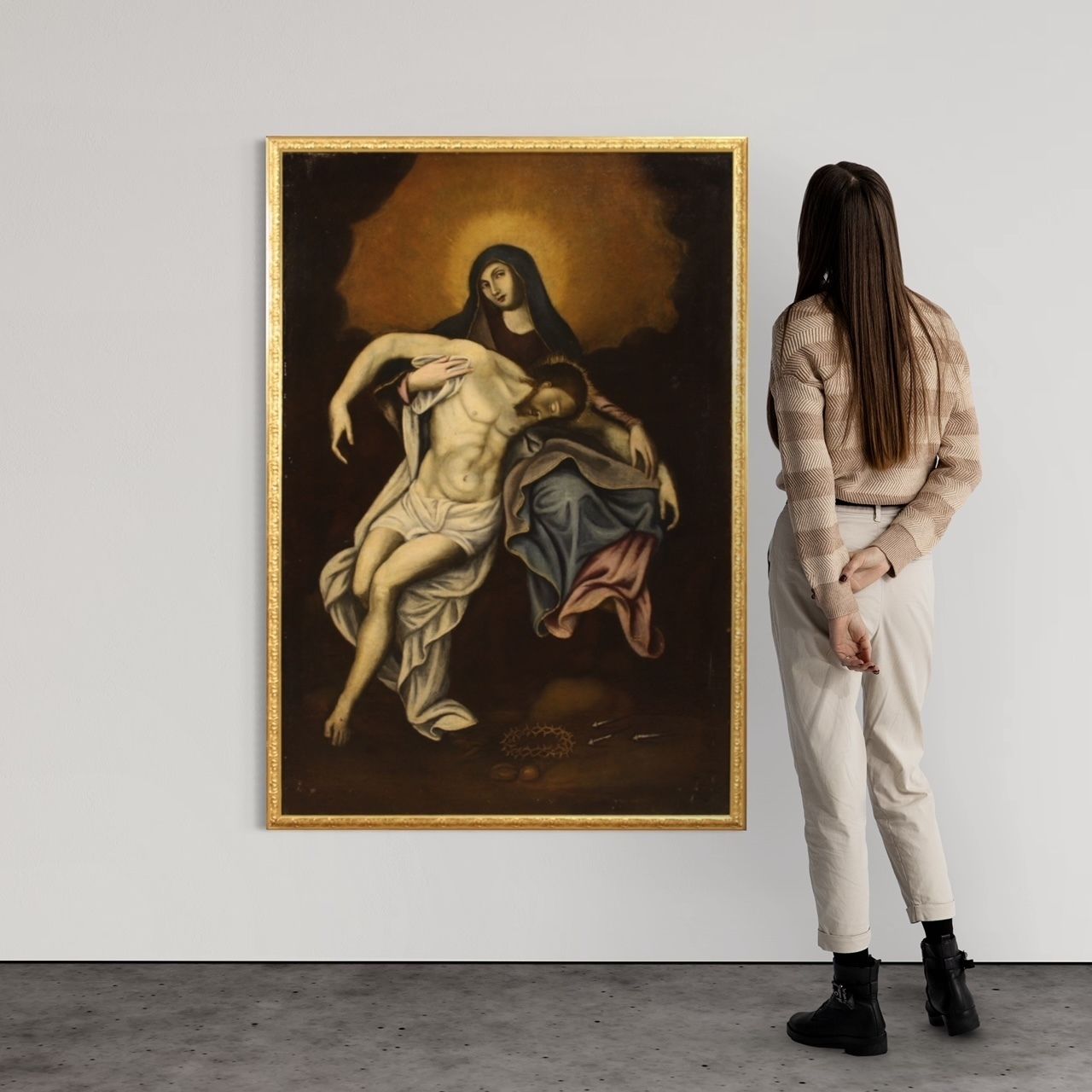Antique Spanish Painting Depicting The Piety From 18th Century