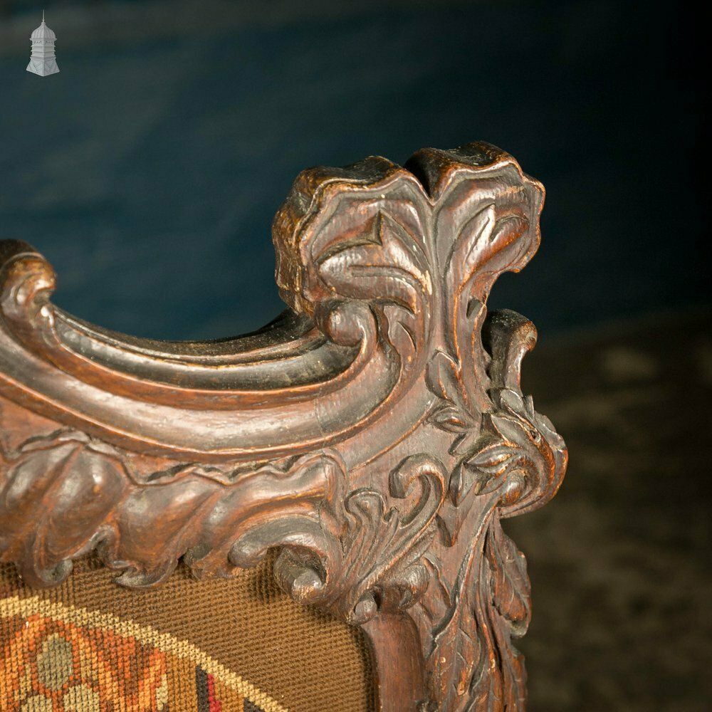 Carved French Fire Screen, Crewel Work Tapestry, 18th C Carved Oak Frame photo 2340.0