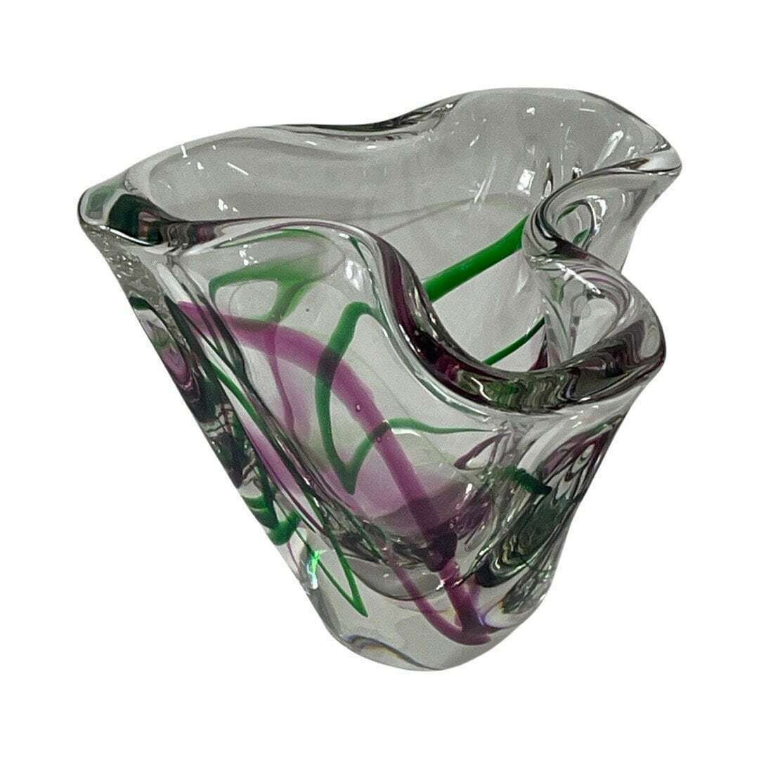 Max Verboeket   Kristalunie Maastricht   Vase With Purple And Green   Unused, Vintage   Dutch Glass   Signed Edition photo for sale