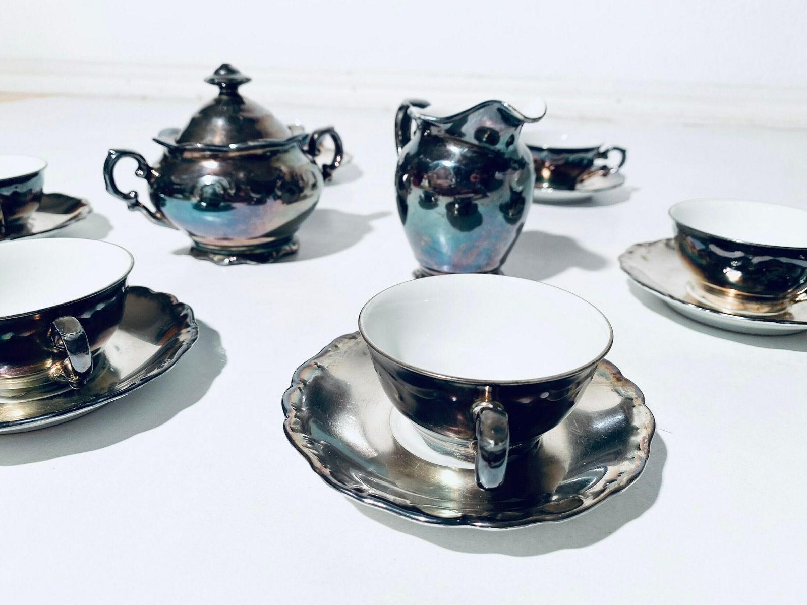 Silver Plated Rudolf Wachter Bavaria Porcelain Tea Cup Set With Milk & Sugar Holders / 1920s   1940s photo furniture