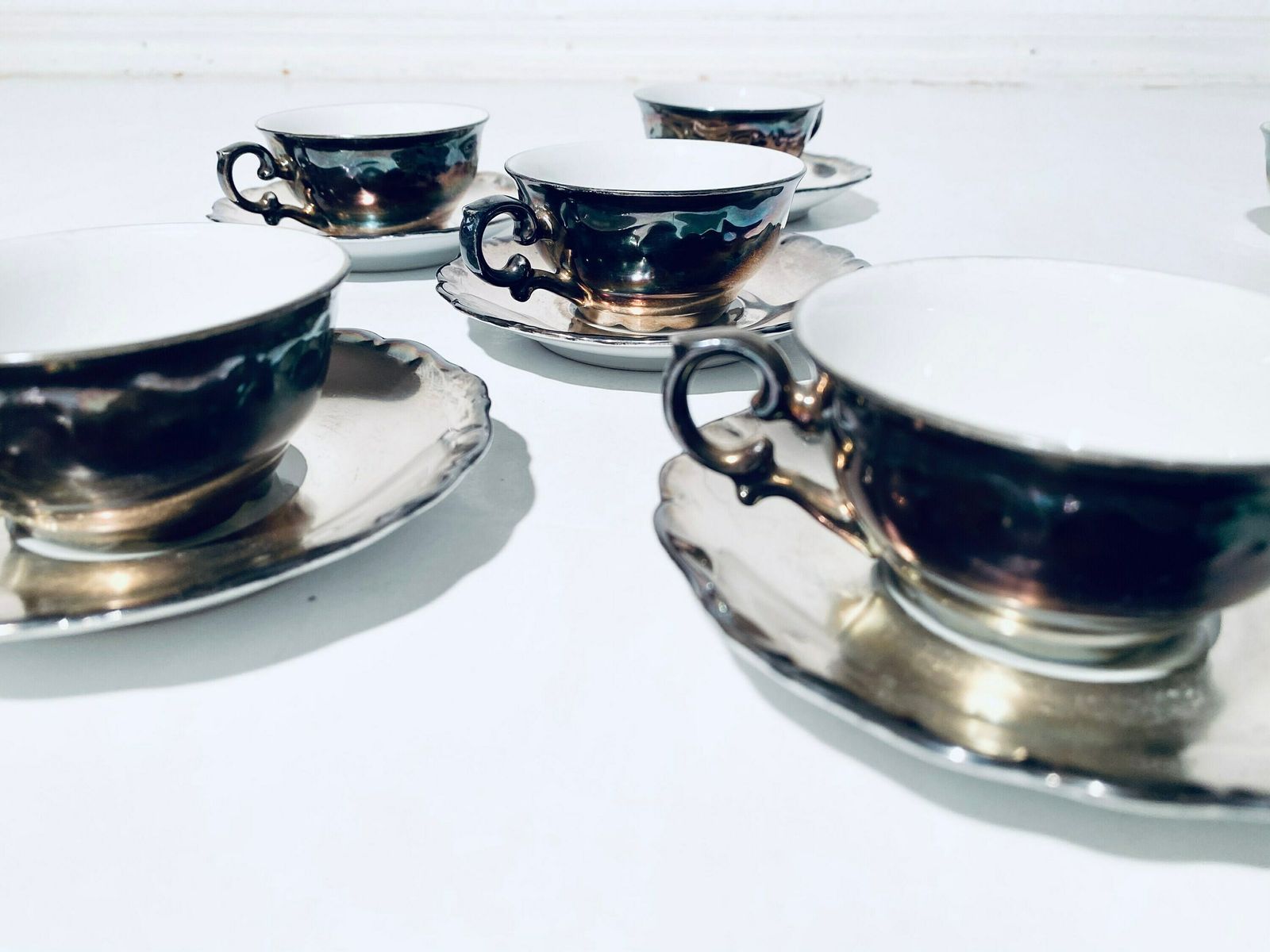 Silver Plated Rudolf Wachter Bavaria Porcelain Tea Cup Set With Milk & Sugar Holders / 1920s   1940s photo for sale