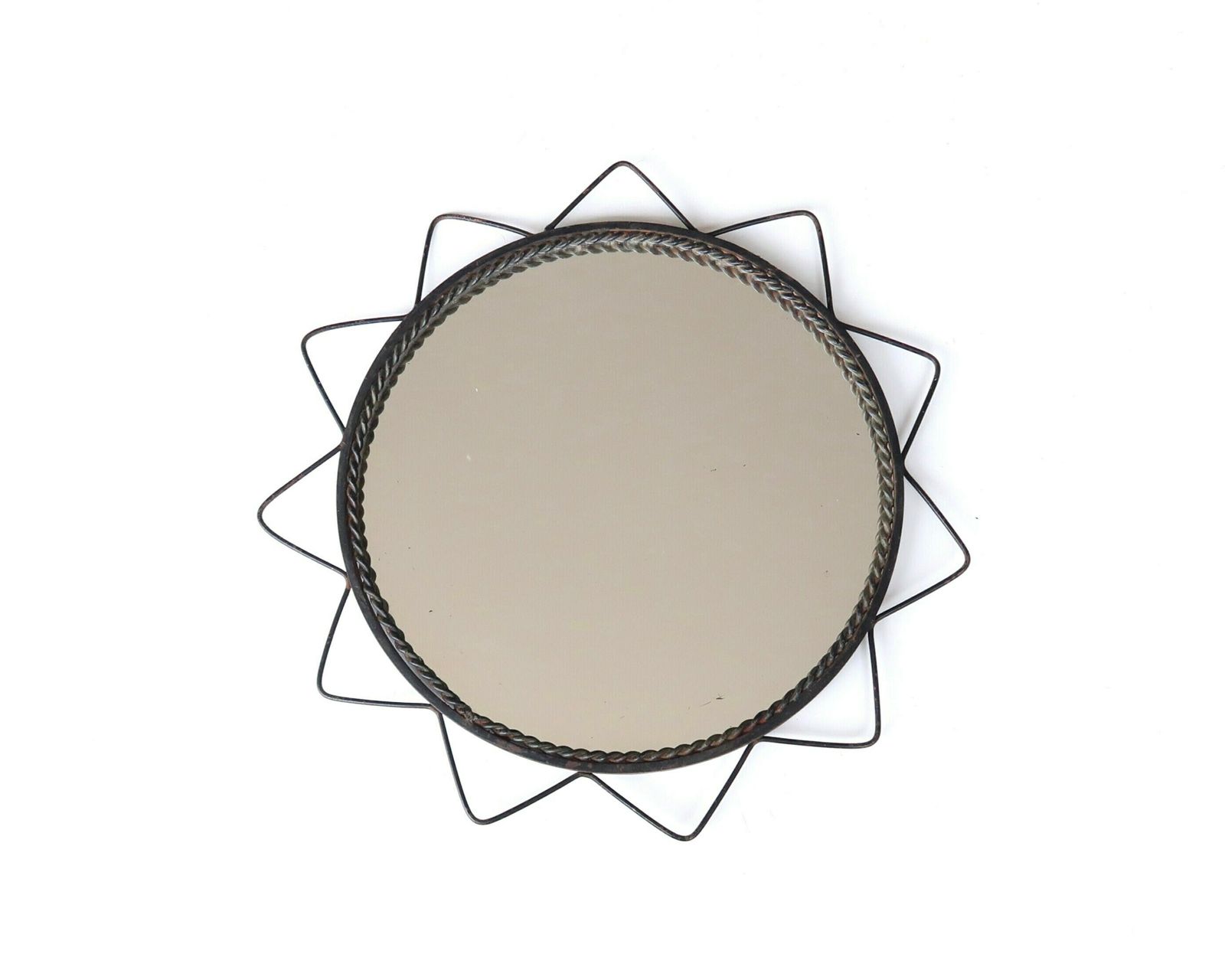 Franse Ronde Sunburst Metalen Spiegel, Ca. Jaren 1960 / Wandspiegel Zon, Ster, Bloem, Mid Century Modern