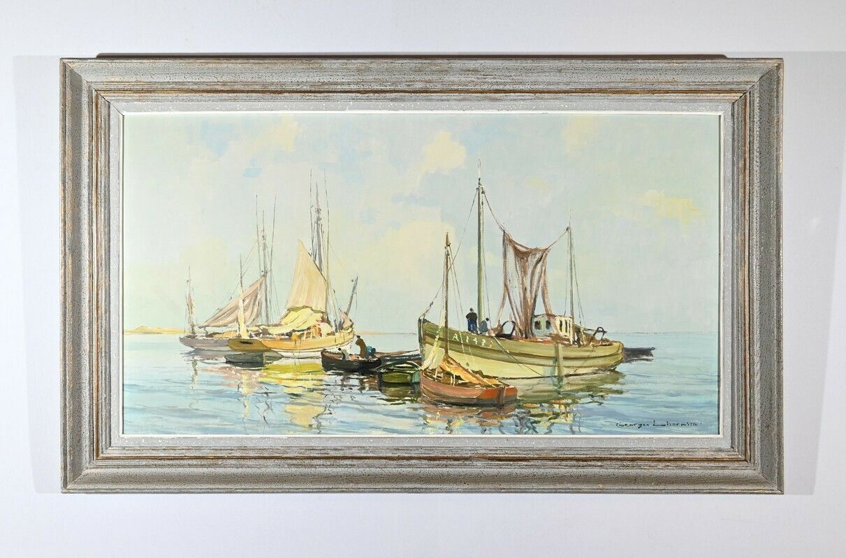 Oil Painting On Hardboard “Trawler And Tuna Boats”, Signed G.Lhermitte – Mid 20th Century