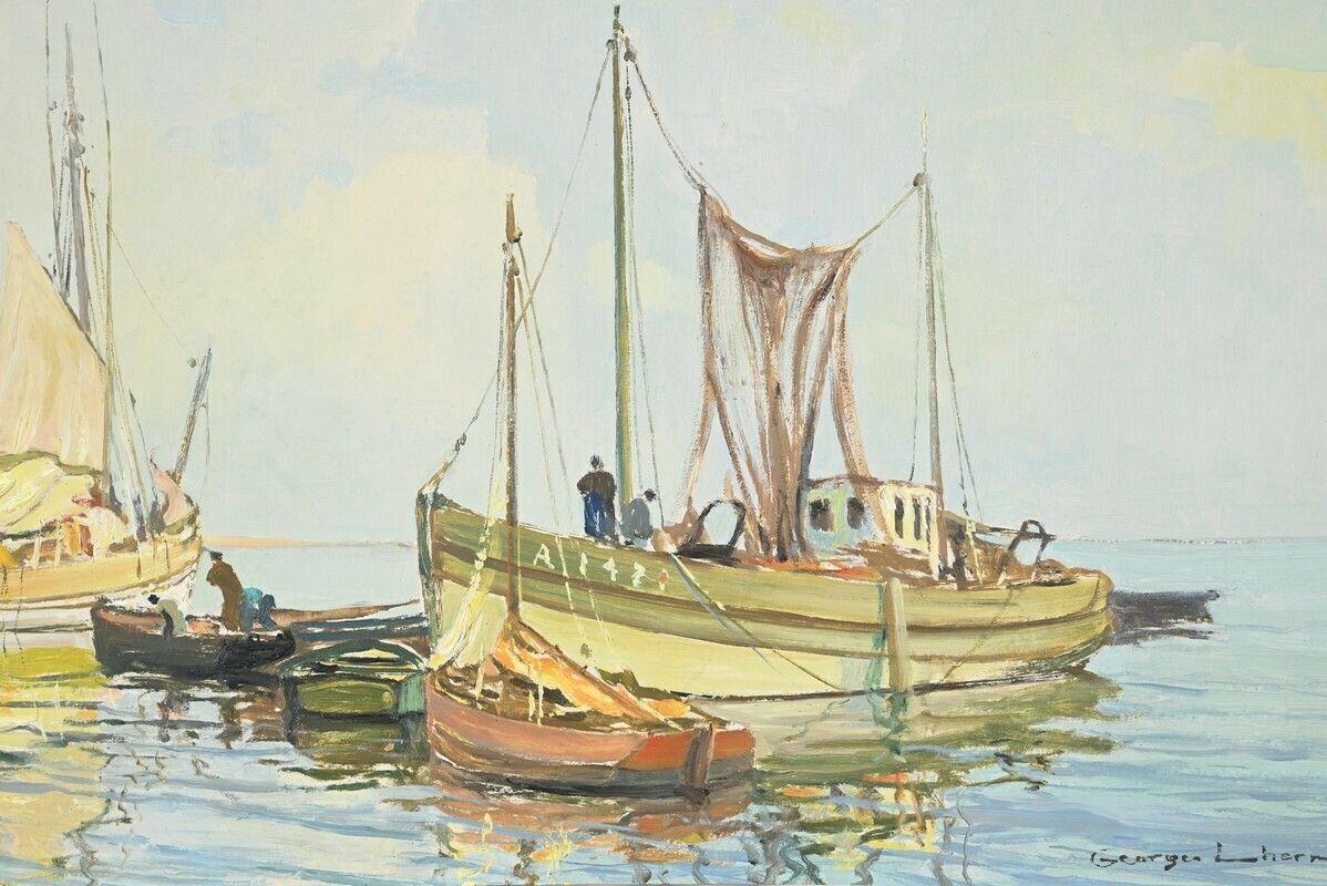 Oil Painting On Hardboard “Trawler And Tuna Boats”, Signed G.Lhermitte – Mid 20th Century photo vinterior