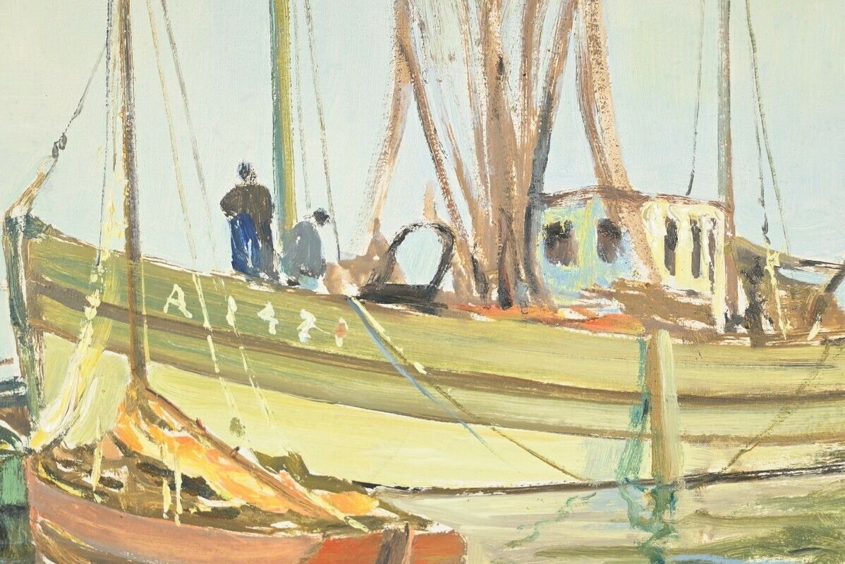 photo furniture Oil Painting On Hardboard “Trawler And Tuna Boats”, Signed G.Lhermitte – Mid 20th Century