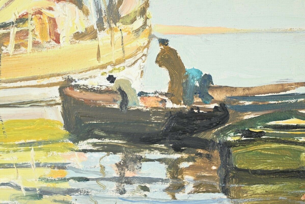 photo vinterior Oil Painting On Hardboard “Trawler And Tuna Boats”, Signed G.Lhermitte – Mid 20th Century