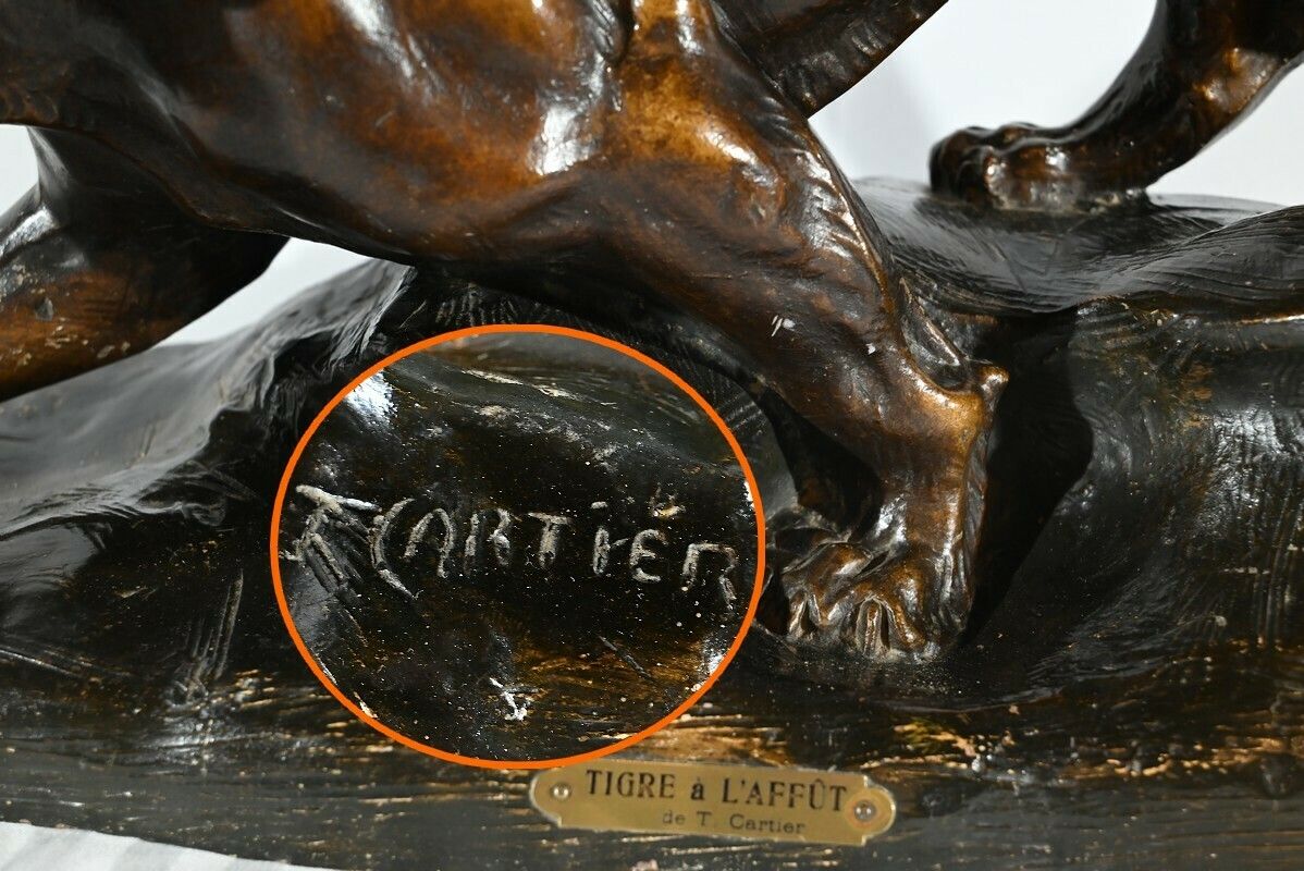photo buy Patinated Terracotta Sculpture “Tiger On The Lookout”, Signed T.Cartier – Early 20th Century