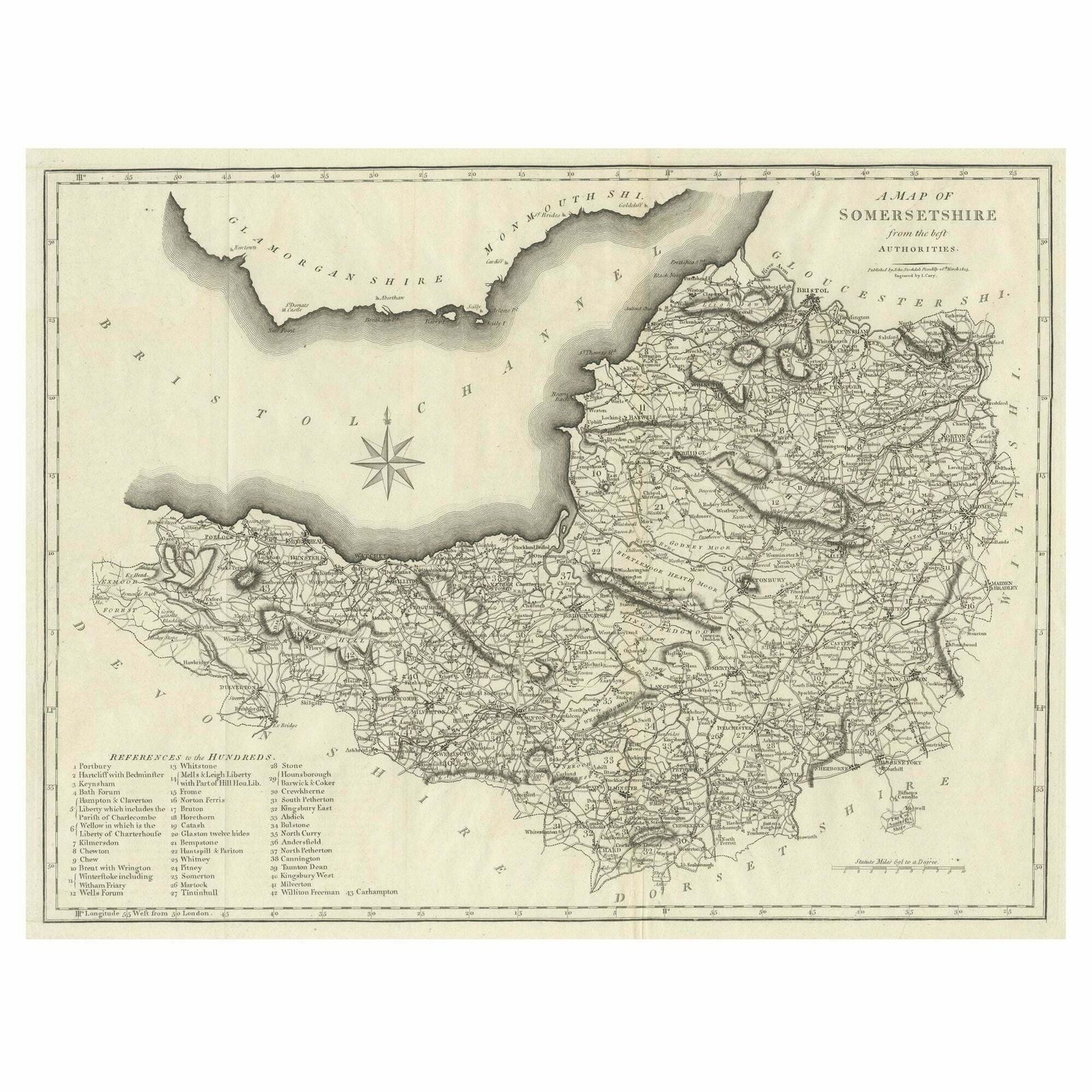 Large Antique County Map Of Somersetshire, England