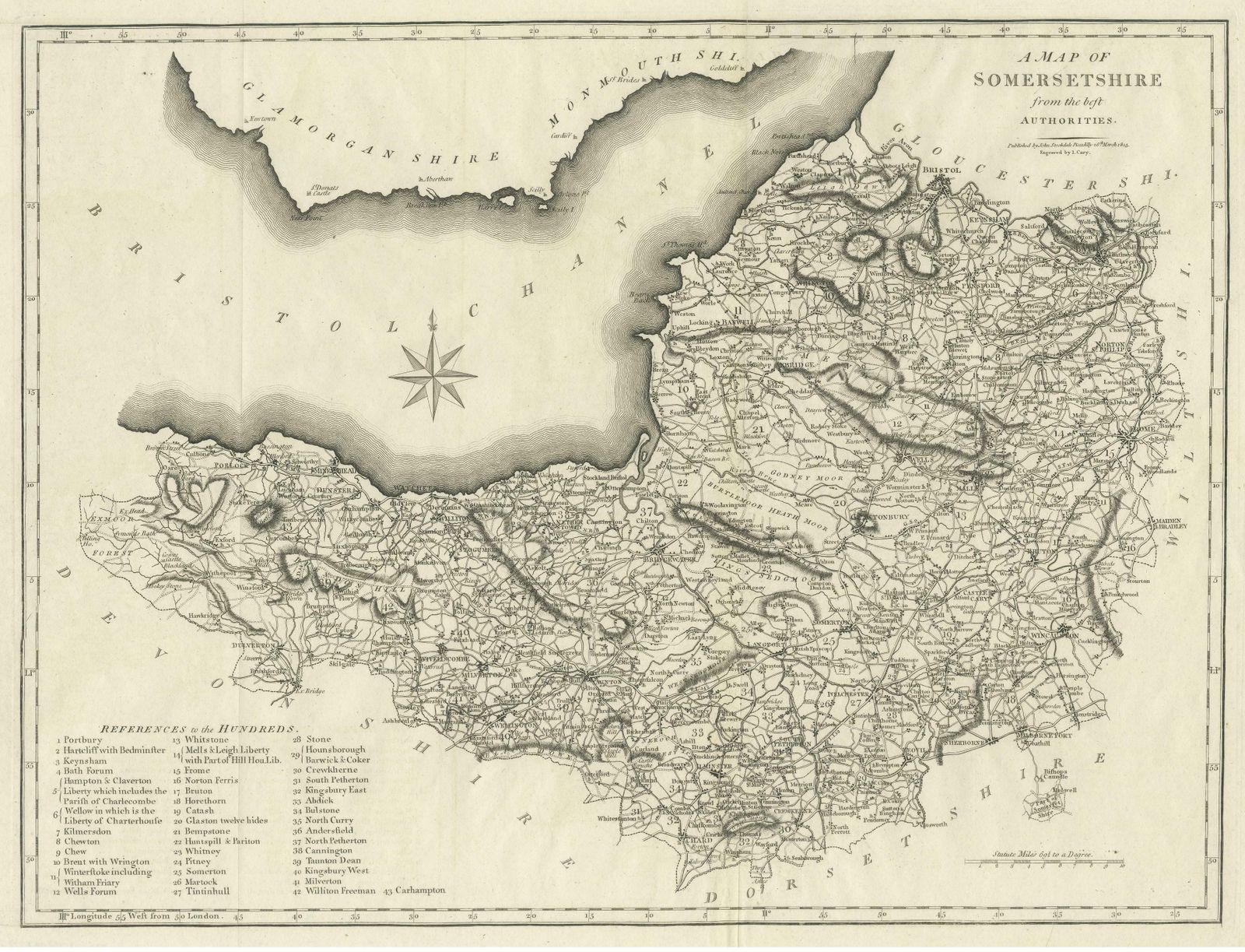 Large Antique County Map Of Somersetshire, England photo for sale