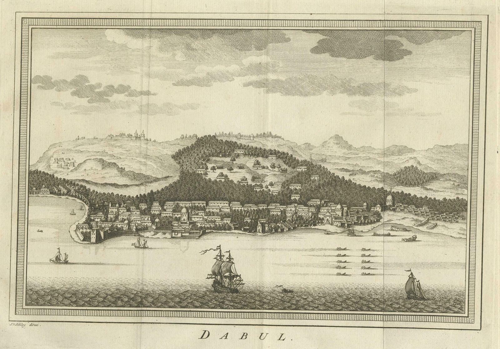 Old Copper Engraving Of The Port City Dabhol In India, 1757 photo for sale