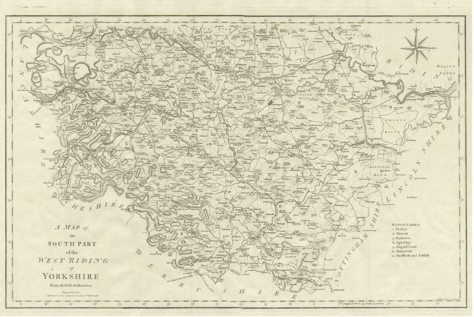 Large Antique County Map Of The West Riding Of Yorkshire 'South Part', England photo for sale