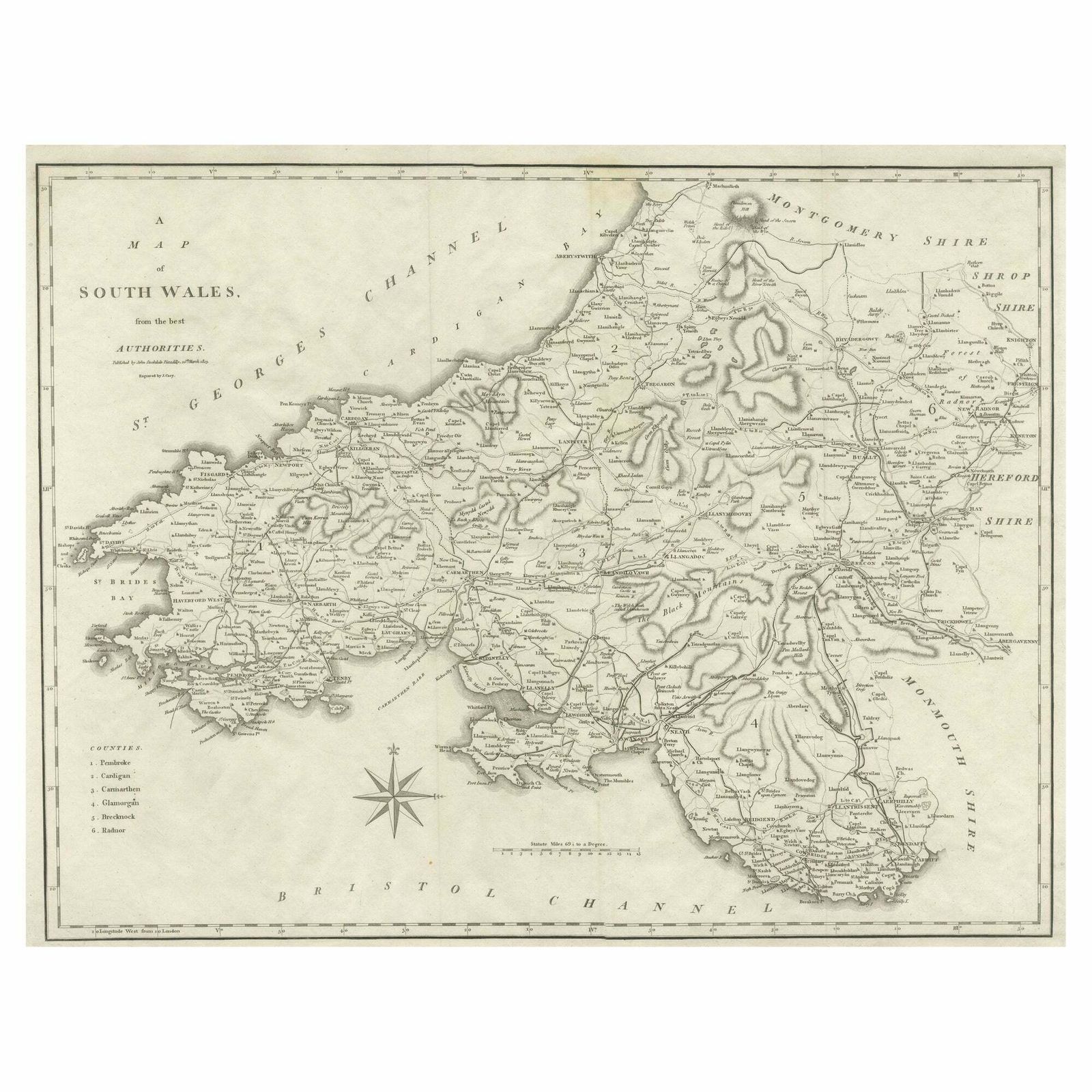 Large Antique County Map Of South Wales, England
