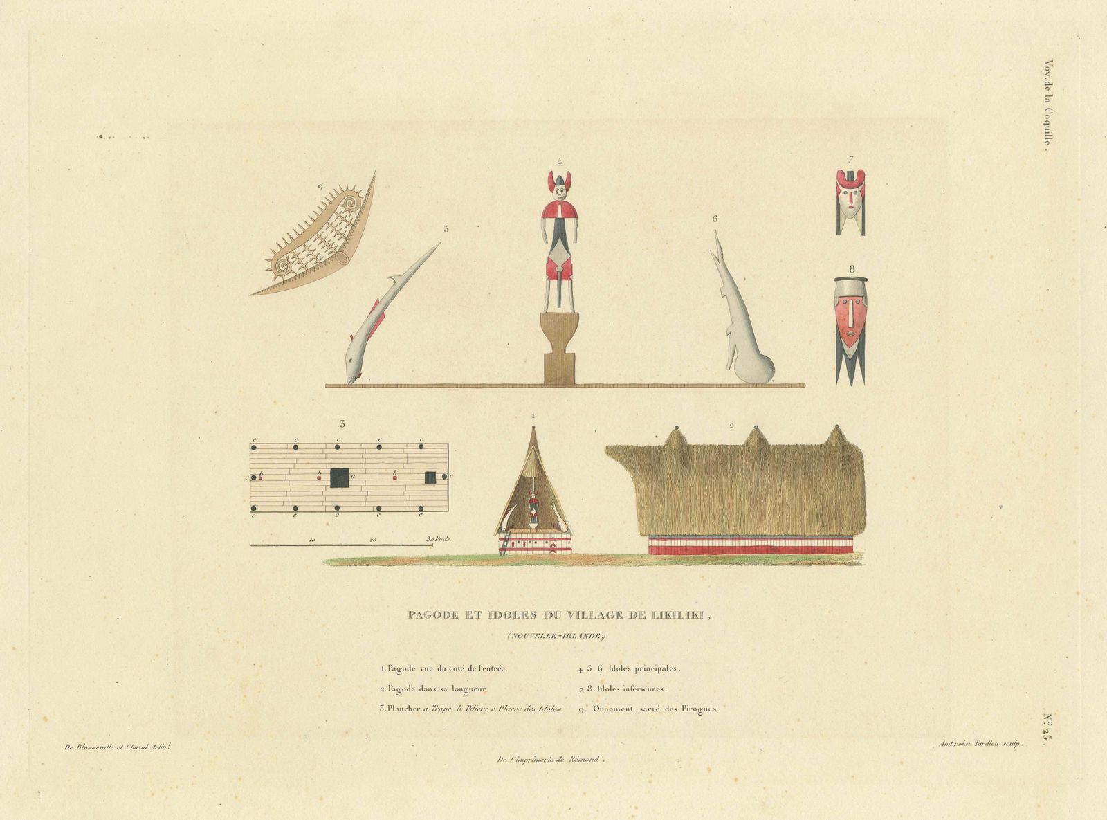 Antique Print Of A Pagoda And Idols From The Village Of Likiliki, New Ireland photo for sale