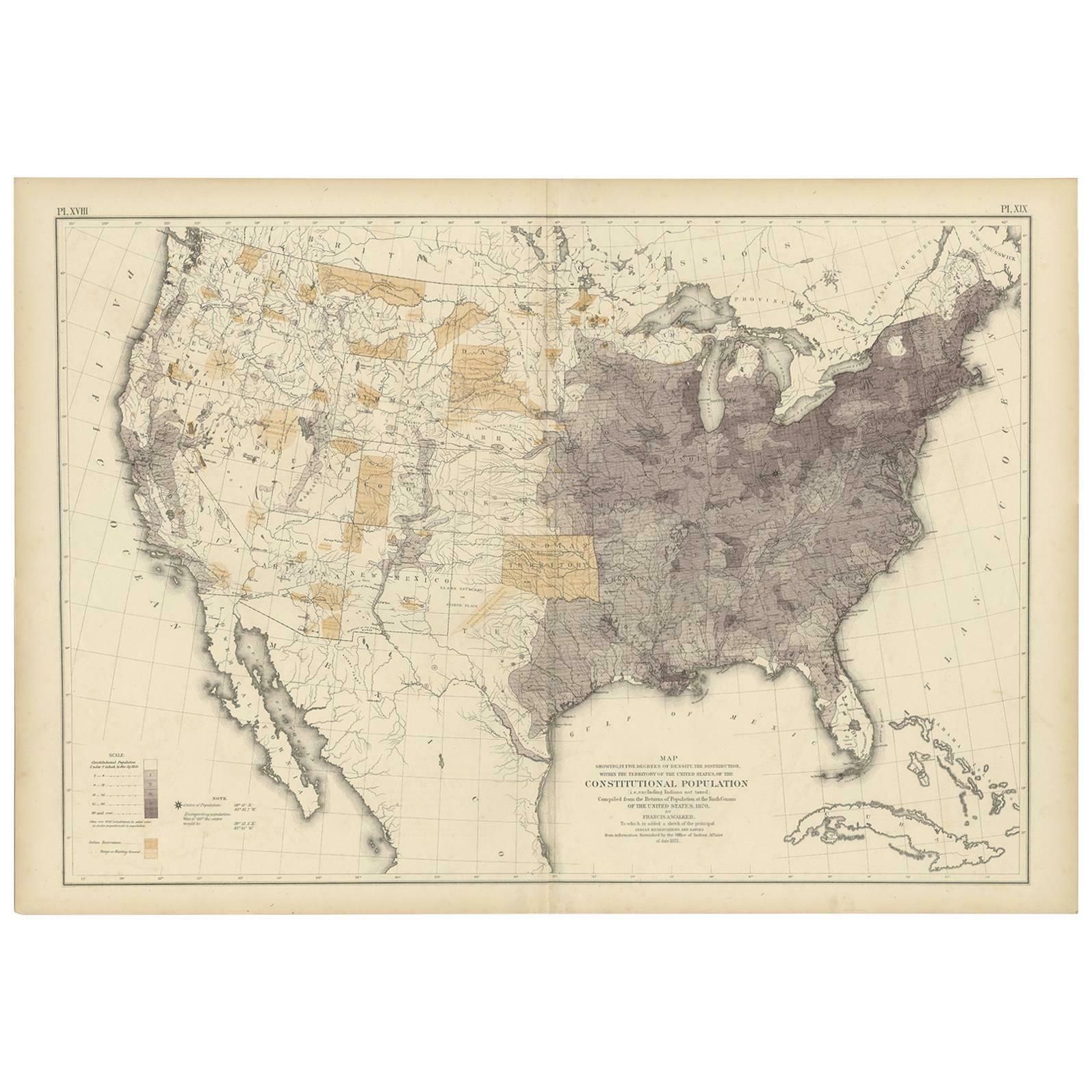 Antique Chart Of The Us Population In 1870, Published In 1874