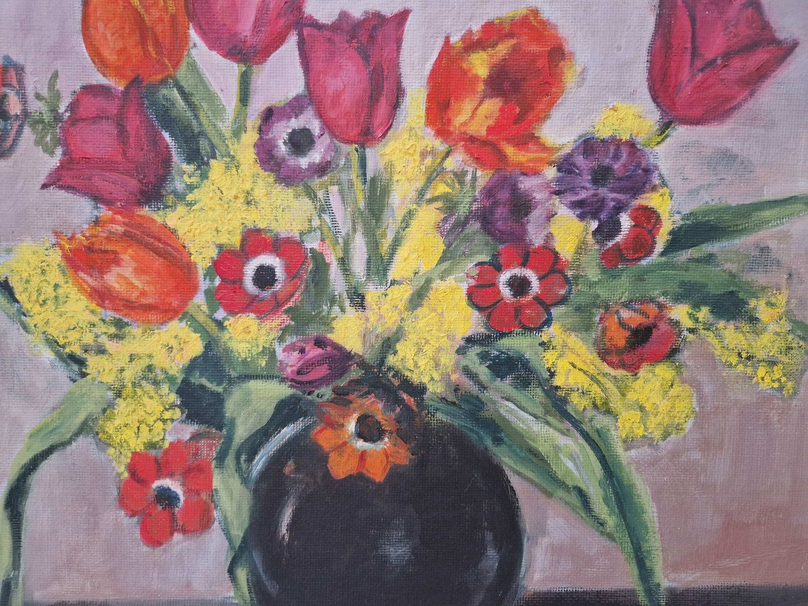 Bloemenstilleven Met Tulpen, Anemonen En Mimosa's – Frans Landelijk Bloemstuk photo Kunst