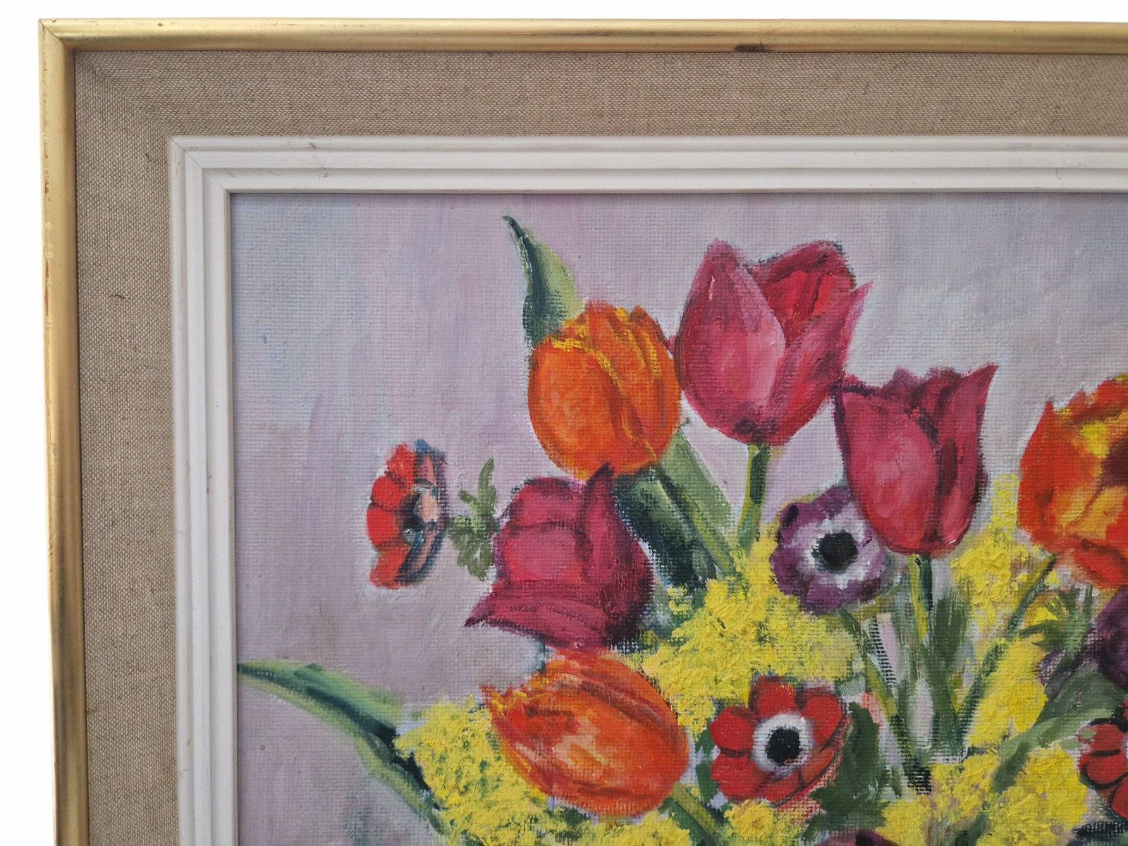 Flower Still Life Painting With Tulips, Anemones And Mimosas, French Country Floral Arrangement Art photo vinterior