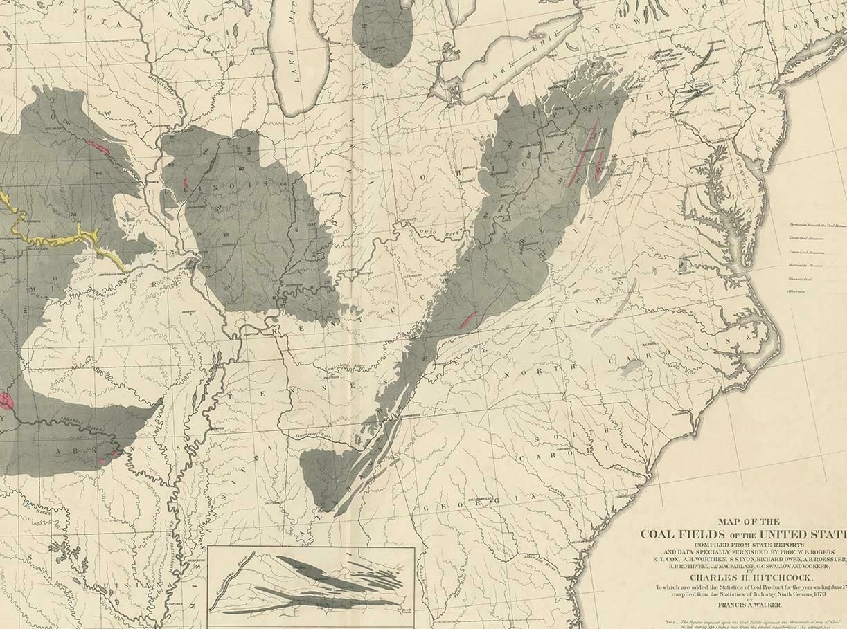 Antique Map Of The Coal Fields Of The United States By Walker '1874' photo for sale
