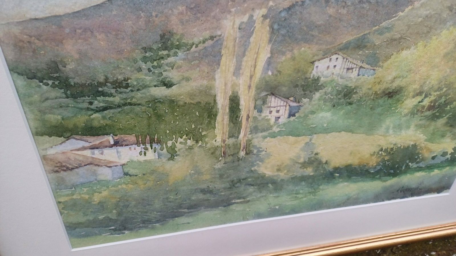 Superb Signed Large Watercolour Print Manuel Susperregui Gold Wooden Glazed Frame. photo vinterior