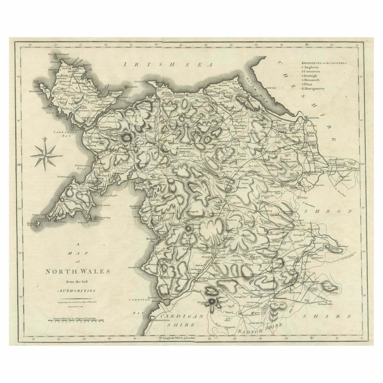Large Antique County Map Of North Wales, England
