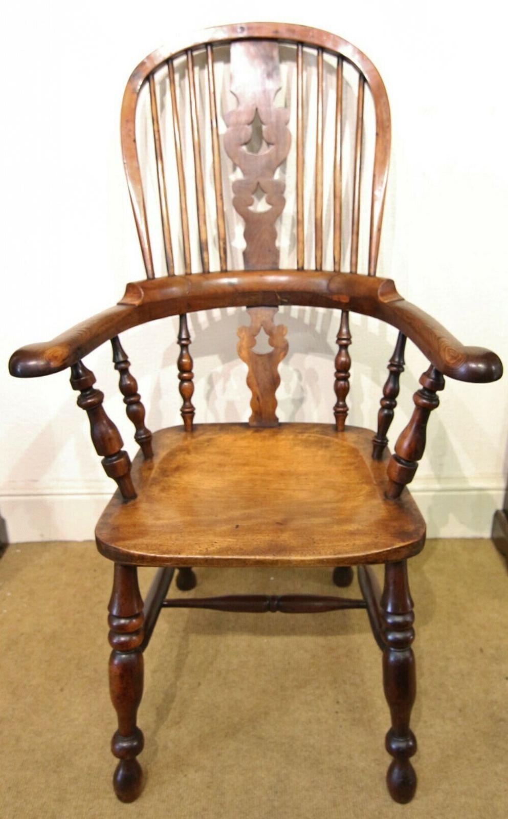 19th Century Broad Arm Yew Wood Windsor Armchair